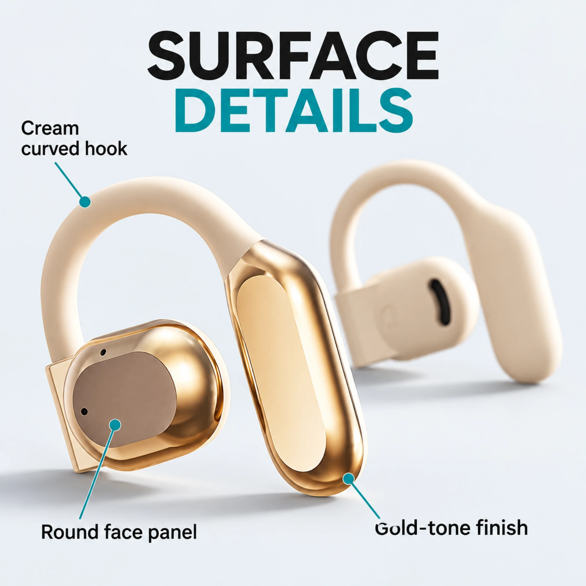 M62 Cream and Gold Open-Ear Earbuds — surface detail