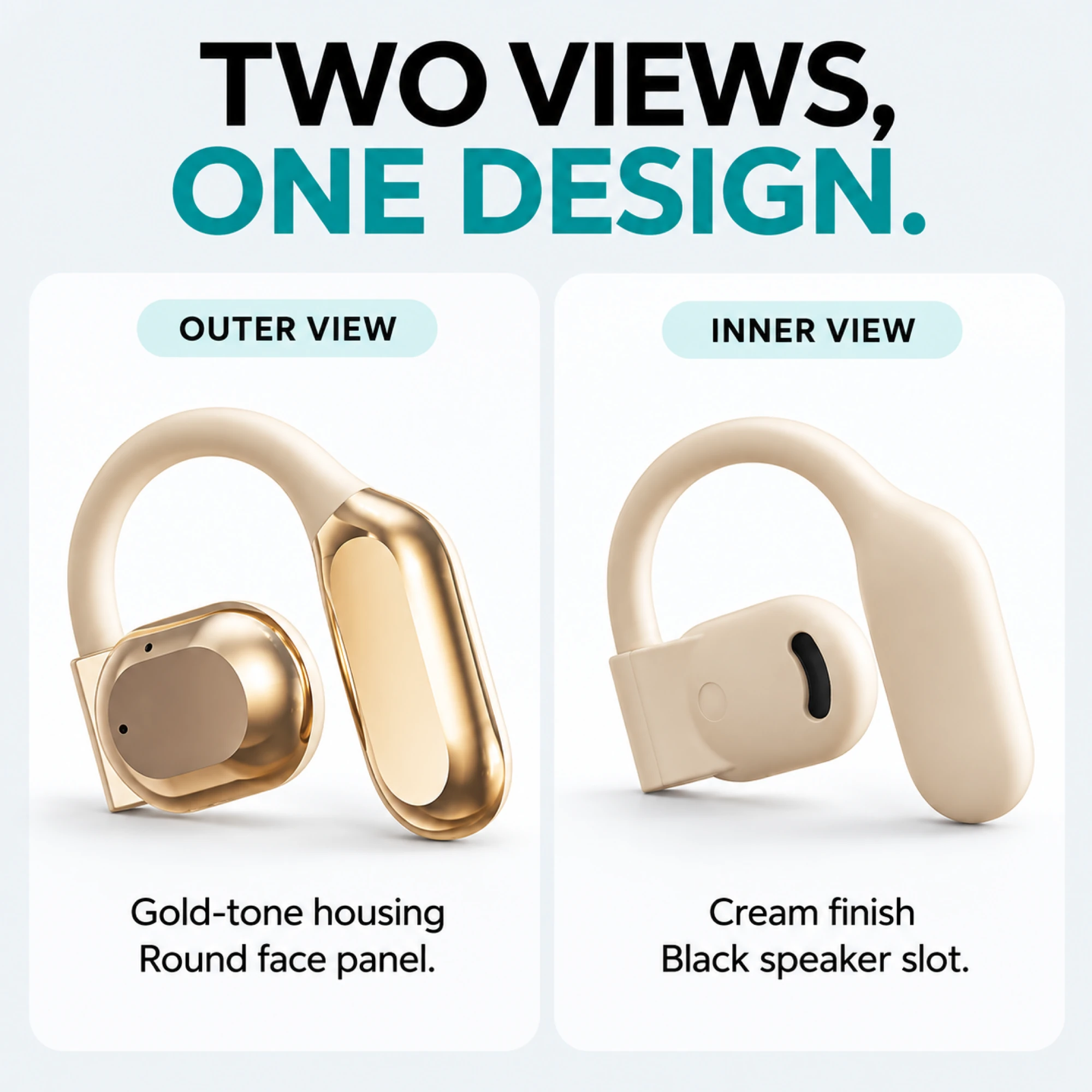 M62 Cream and Gold Open-Ear Earbuds — design details