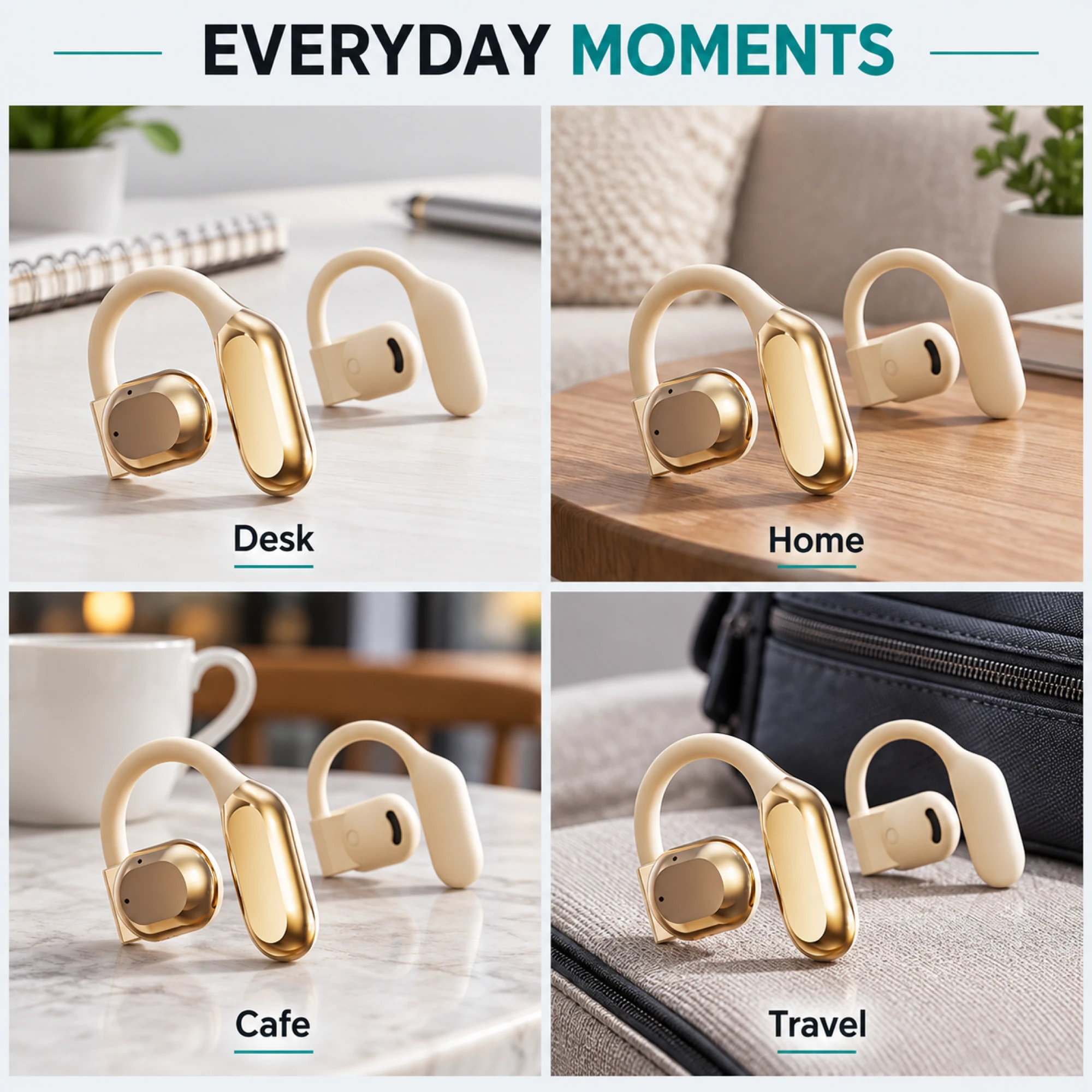 M62 Cream and Gold Open-Ear Earbuds — lifestyle