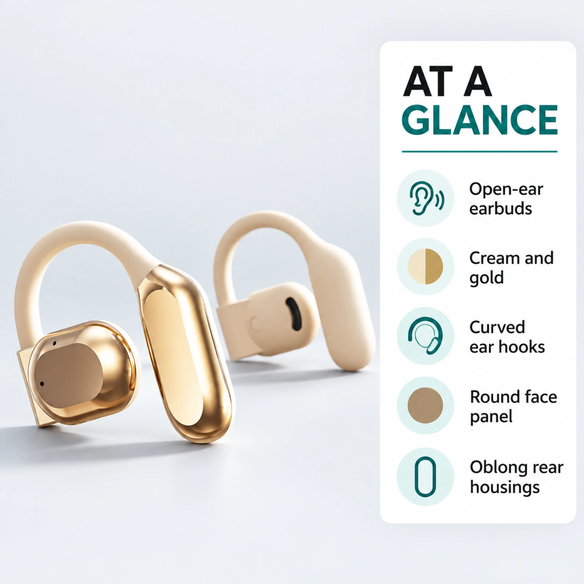 M62 Cream and Gold Open-Ear Earbuds — at a glance