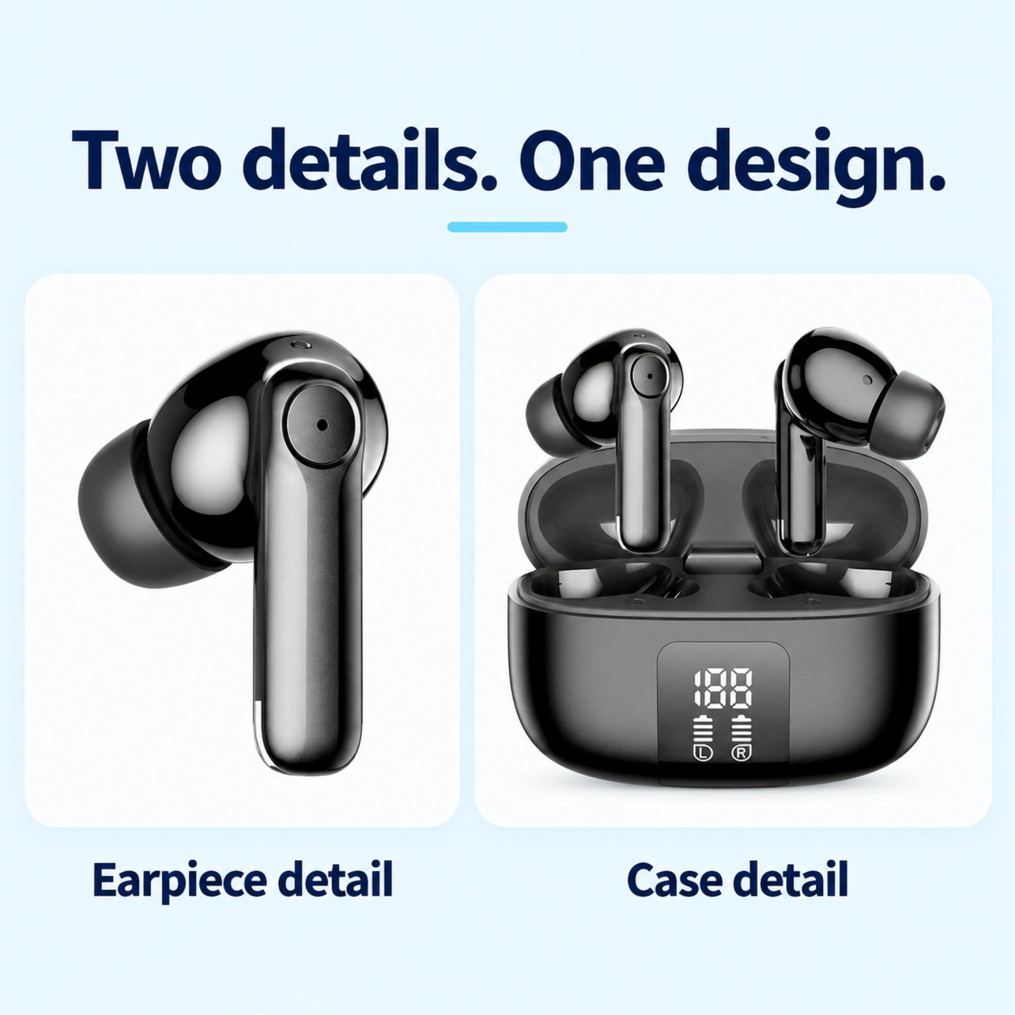 Black Ring-Panel Wireless Earbuds — design details