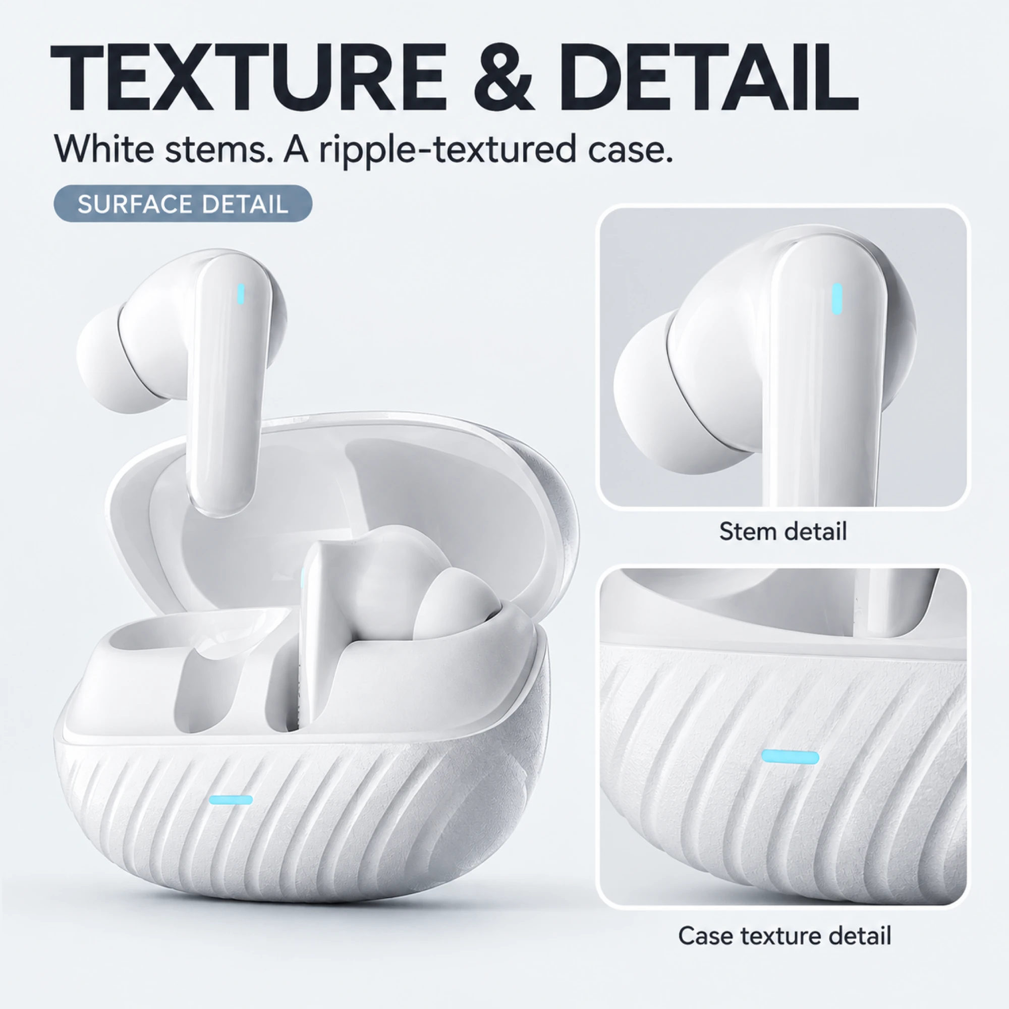 Real2Pro White ANC Earbuds with Ripple Case — surface detail