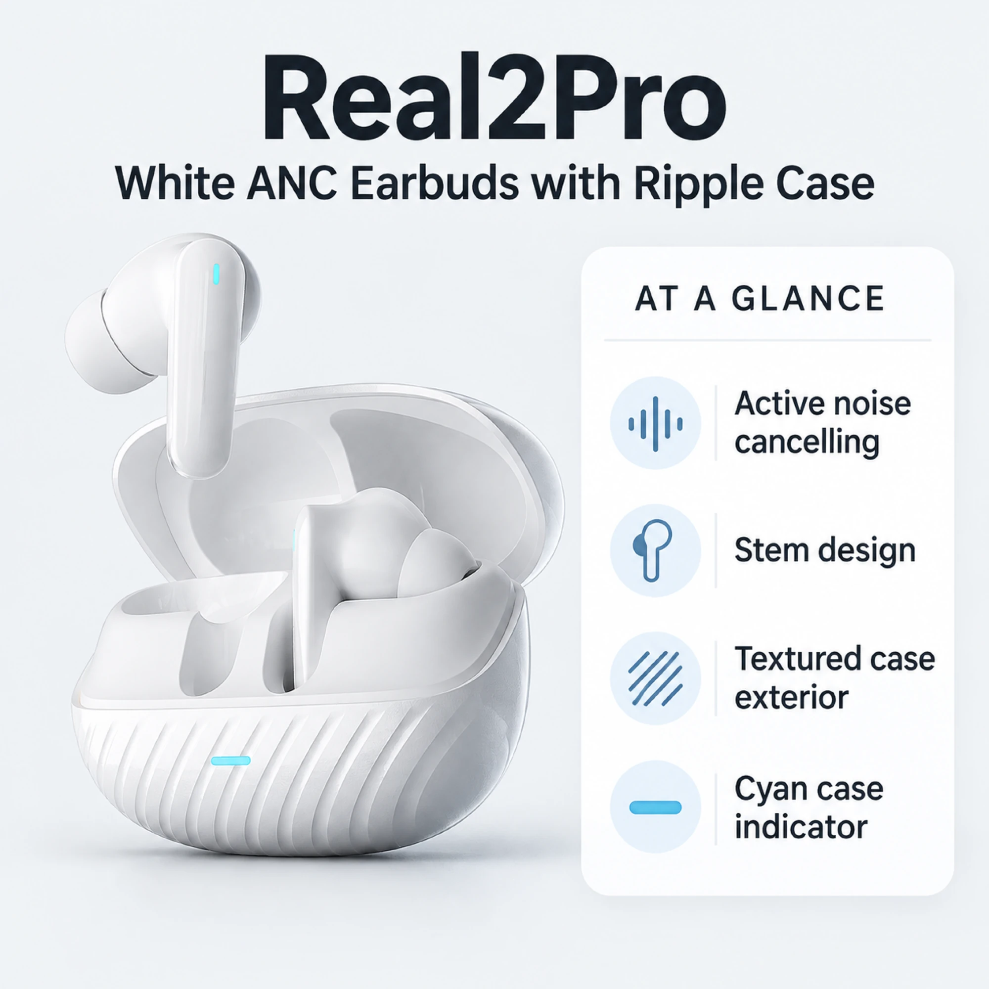 Real2Pro White ANC Earbuds with Ripple Case — at a glance