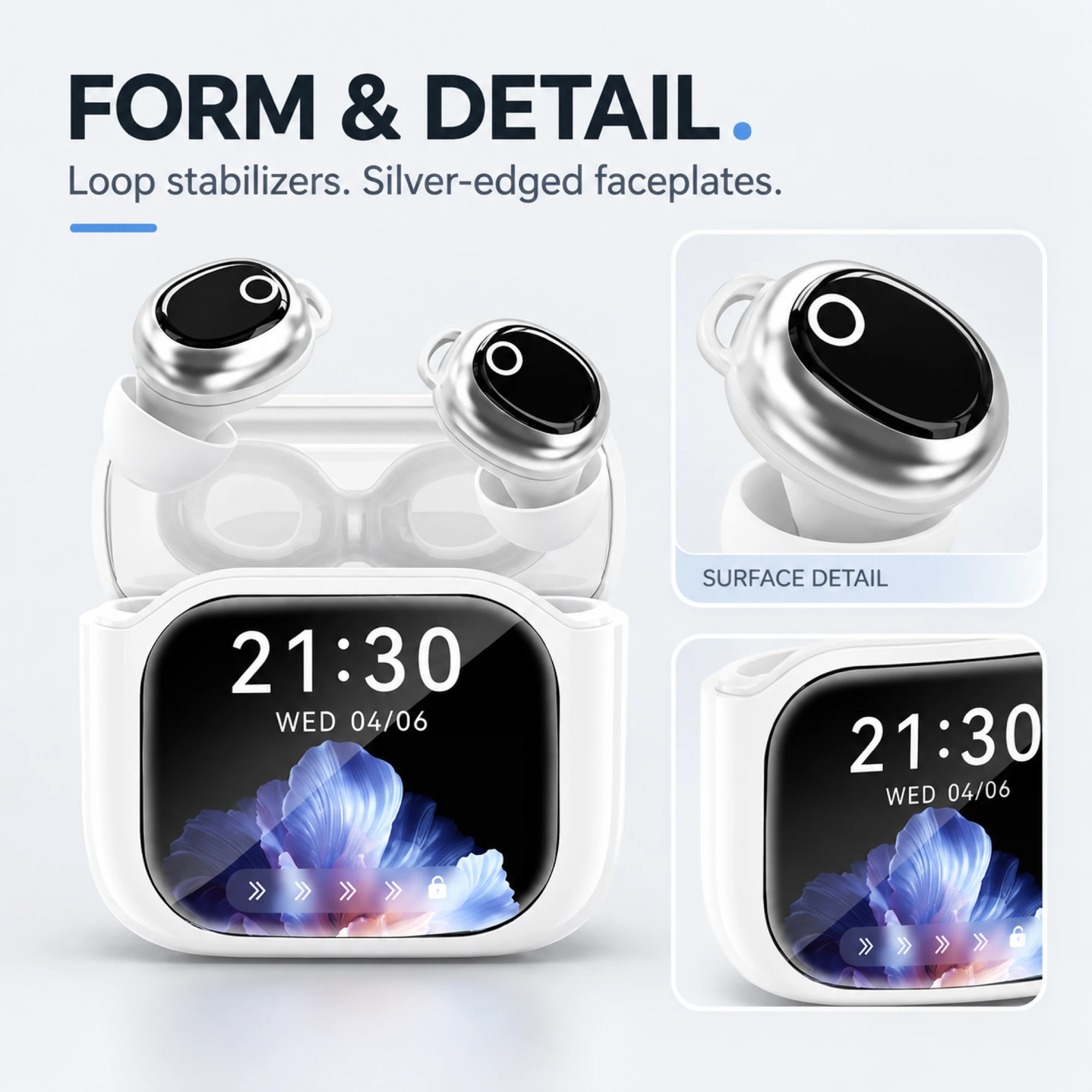 JM28 White ANC Earbuds with Loop Stabilizers — surface detail