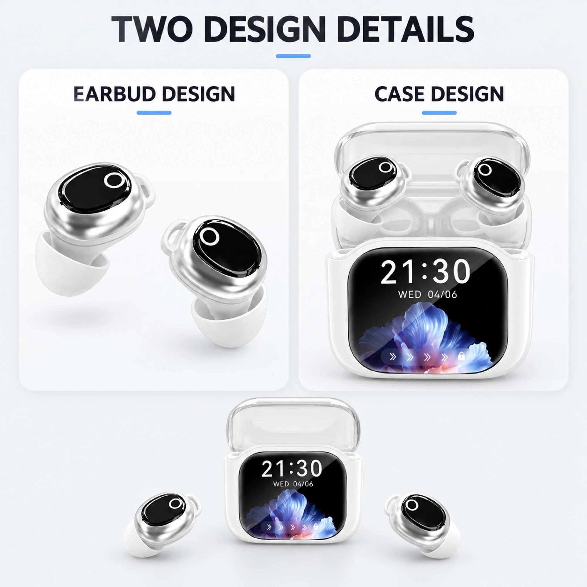 JM28 White ANC Earbuds with Loop Stabilizers — design details