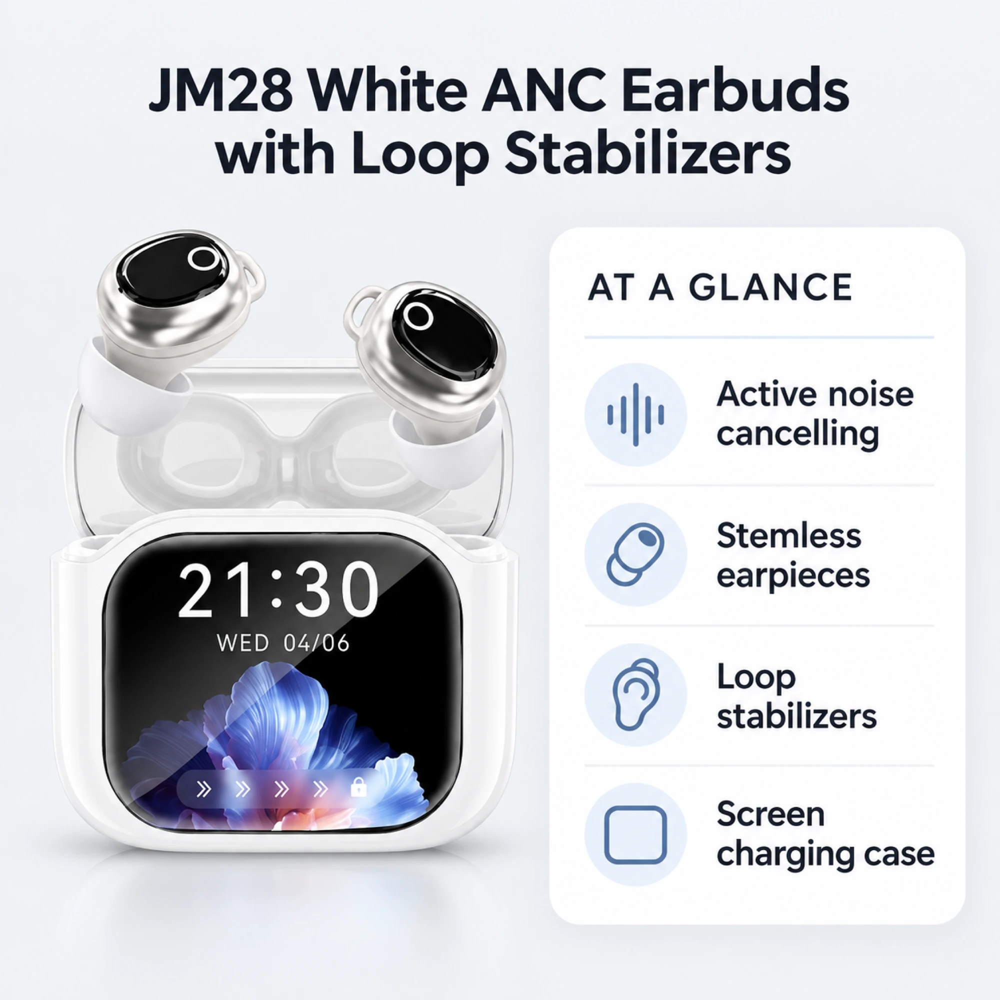 JM28 White ANC Earbuds with Loop Stabilizers — at a glance