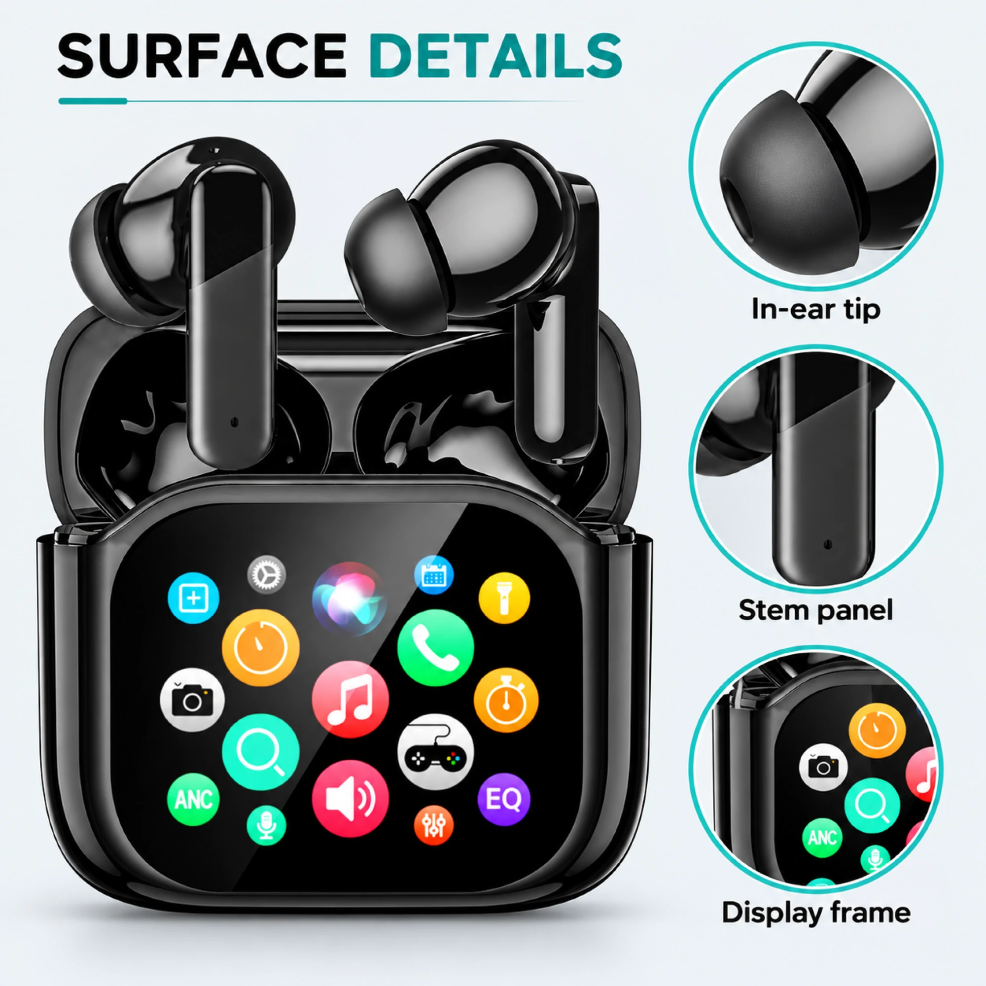 JM09 Black Screen-Case Translation Earbuds — surface detail