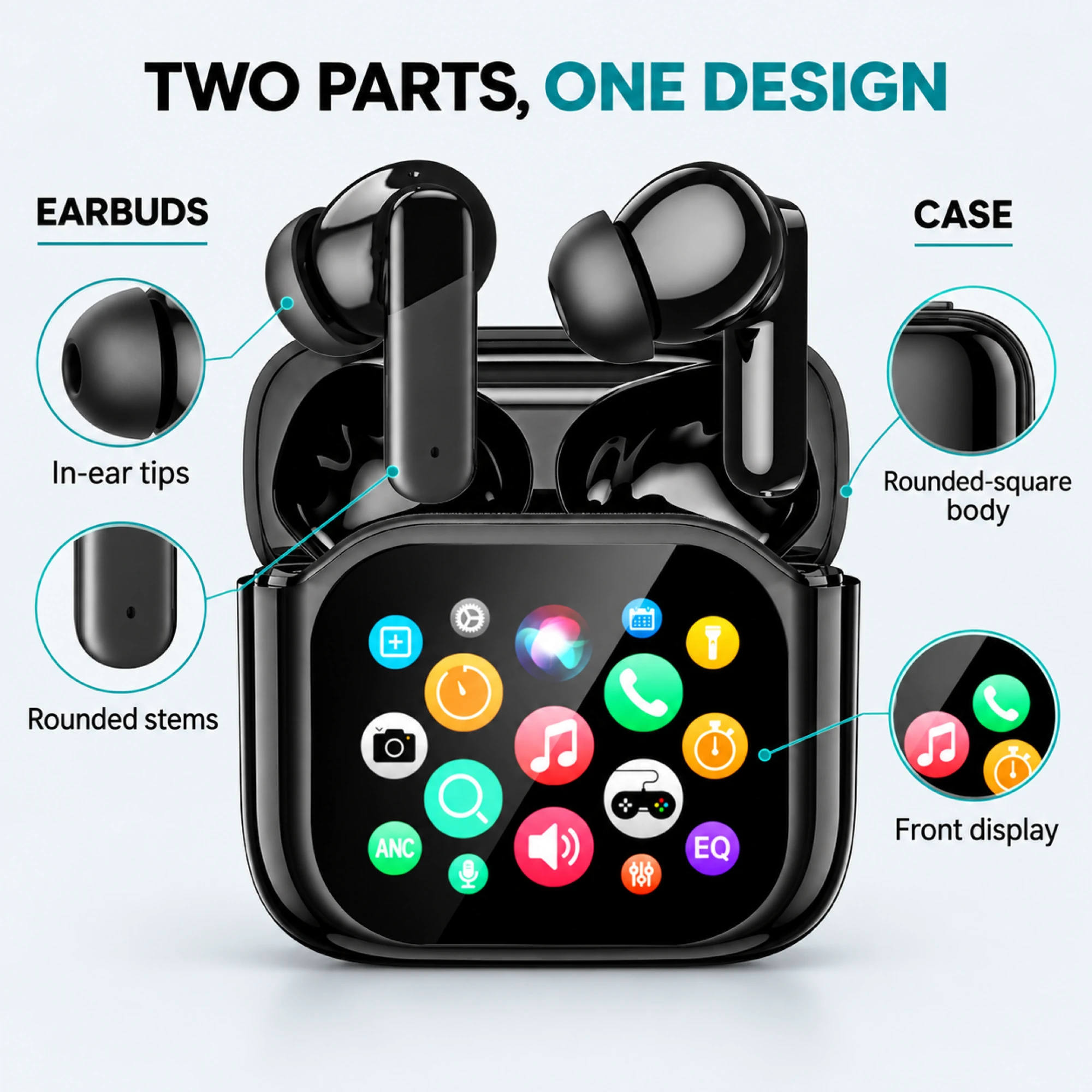 JM09 Black Screen-Case Translation Earbuds — design details