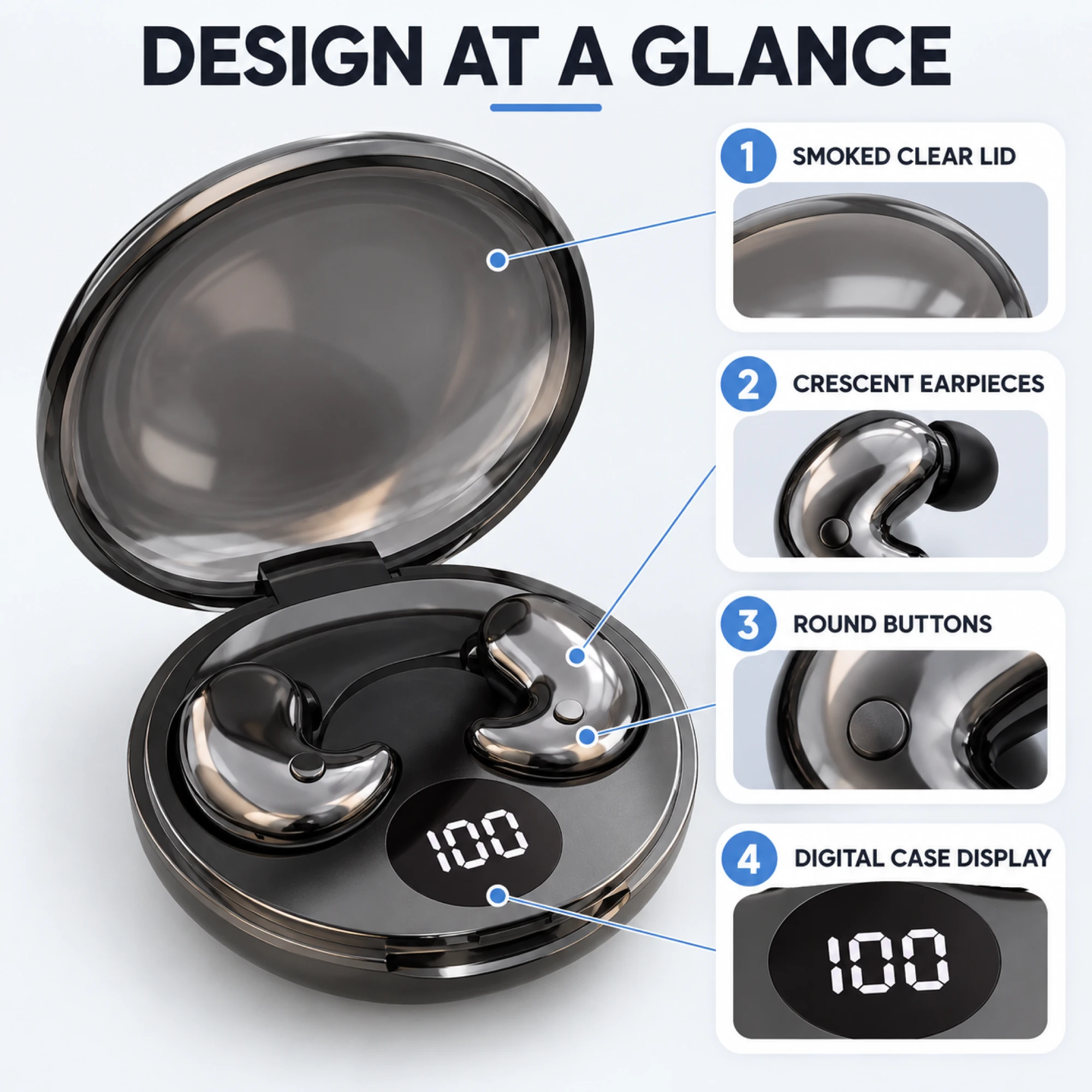 B13 Chrome Sleep Earbuds with Round Display Case — features
