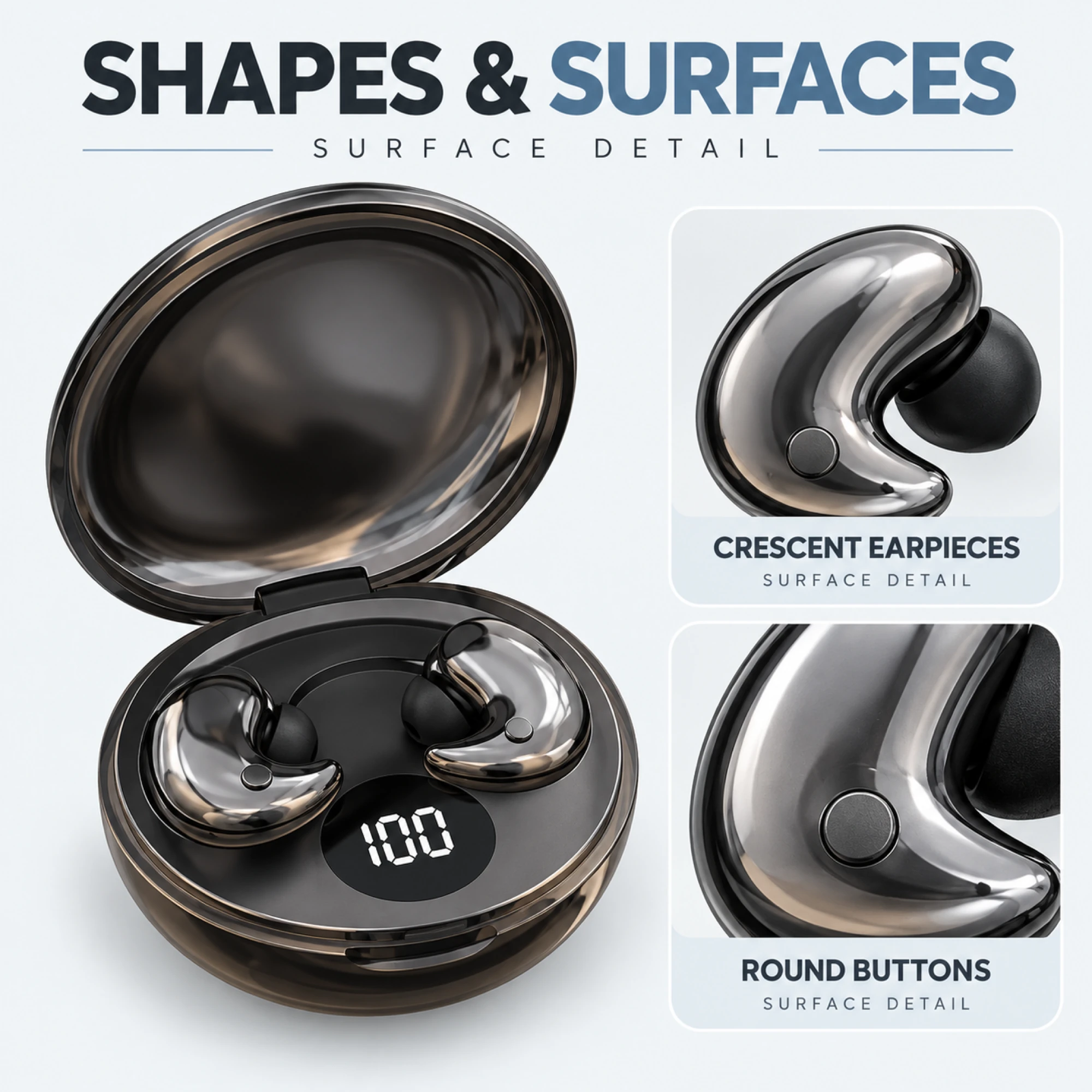 B13 Chrome Sleep Earbuds with Round Display Case — surface detail
