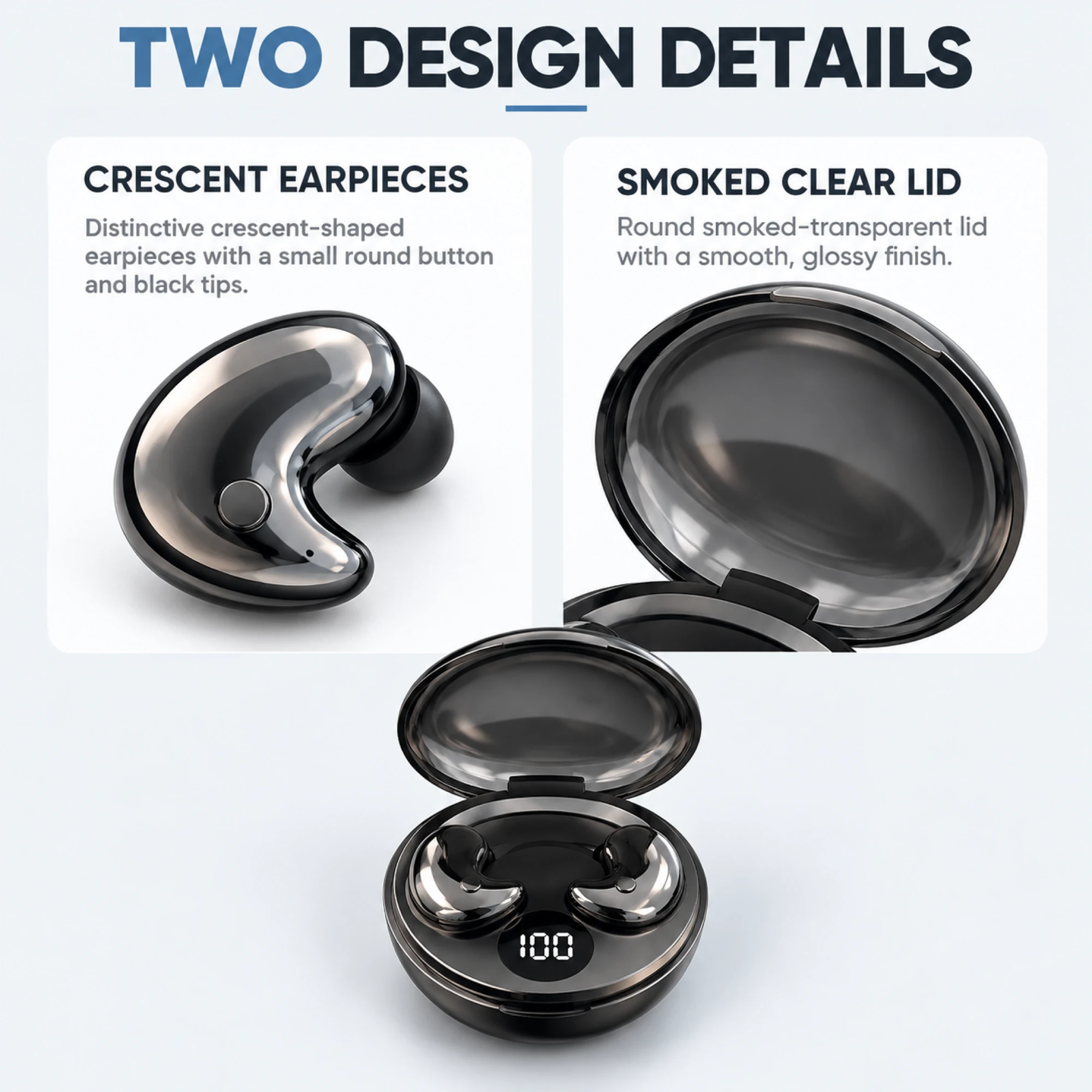 B13 Chrome Sleep Earbuds with Round Display Case — design details