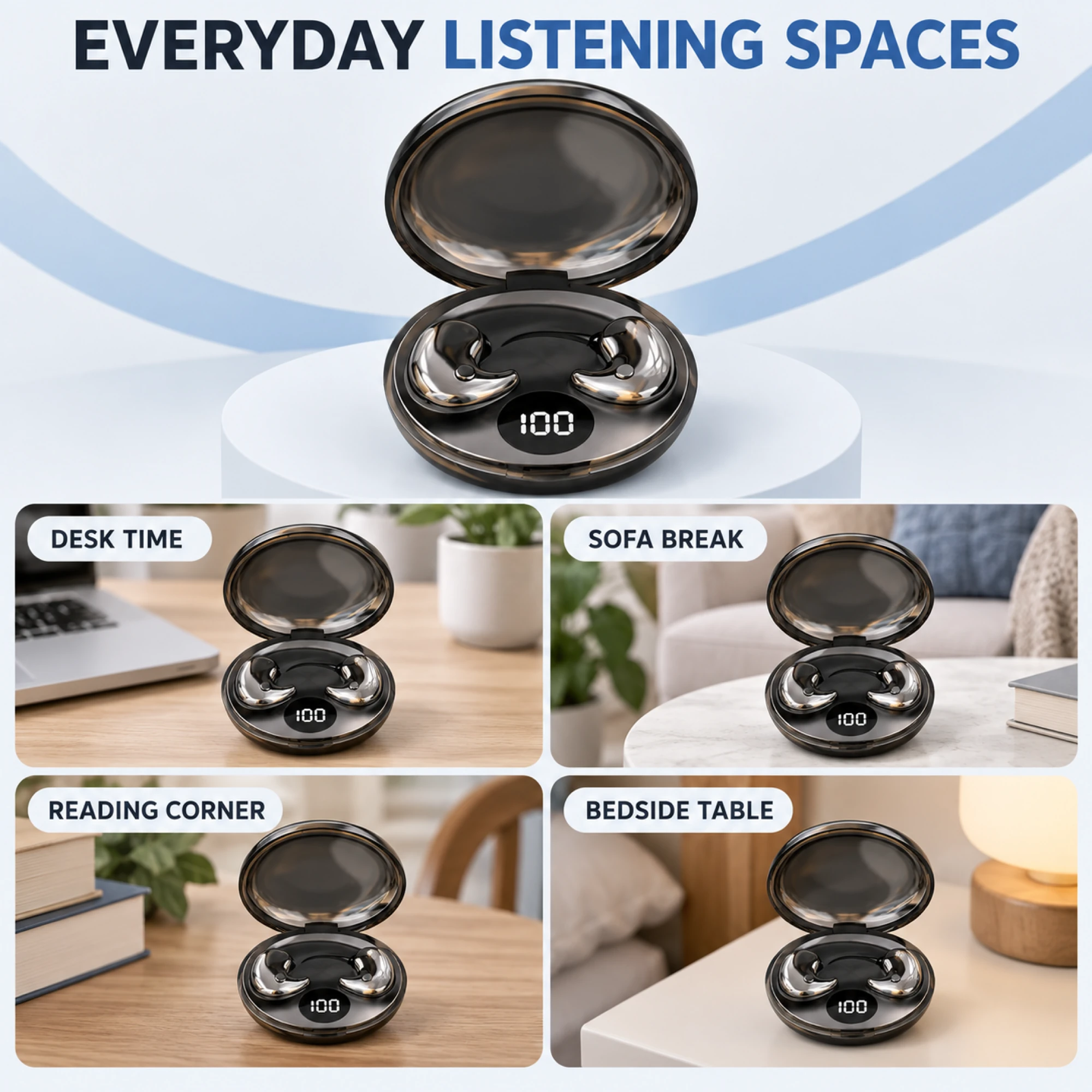 B13 Chrome Sleep Earbuds with Round Display Case — lifestyle