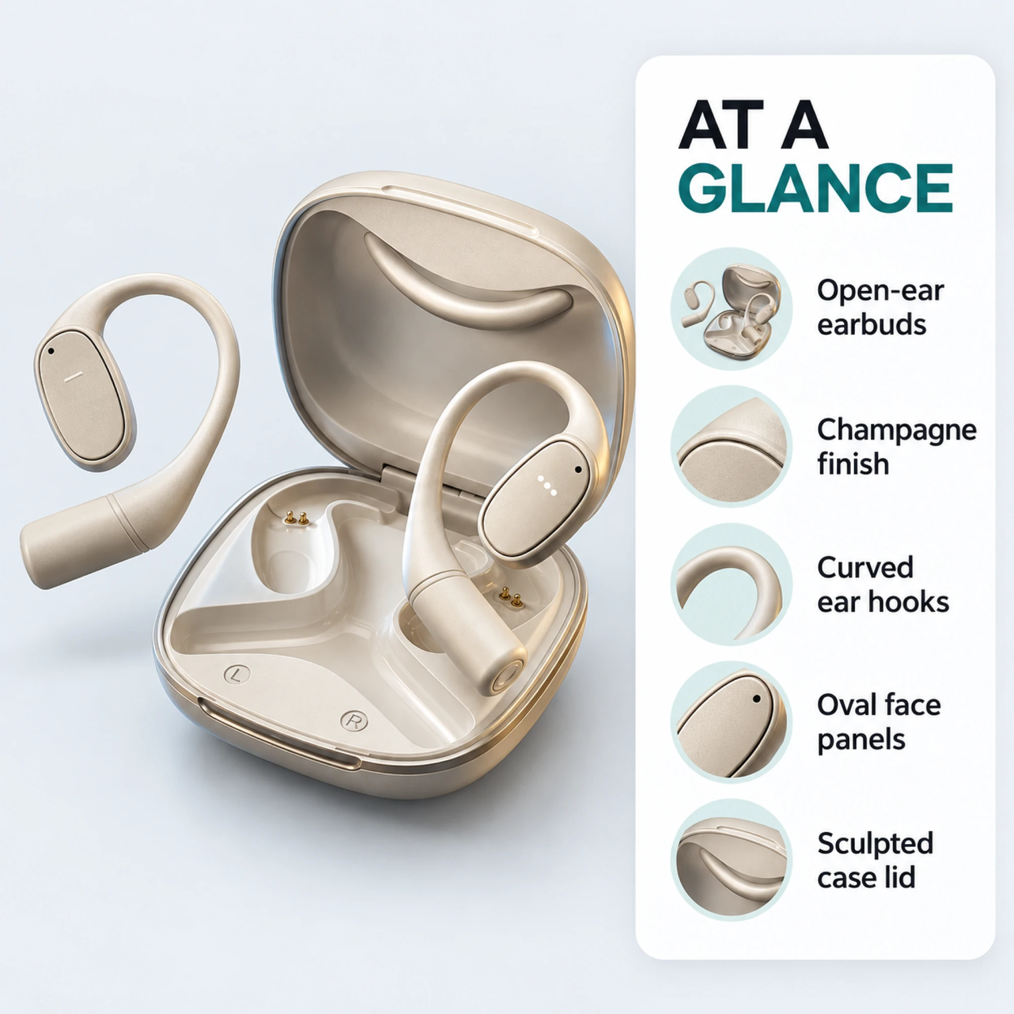 Champagne Wave-Case Open-Ear Earbuds — at a glance