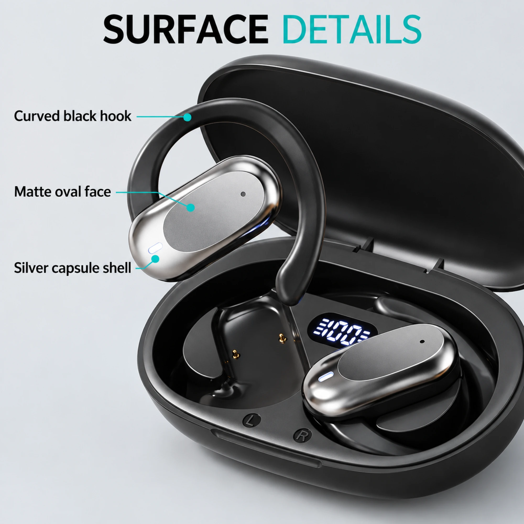 Silver Capsule Open-Ear Earbuds — surface detail