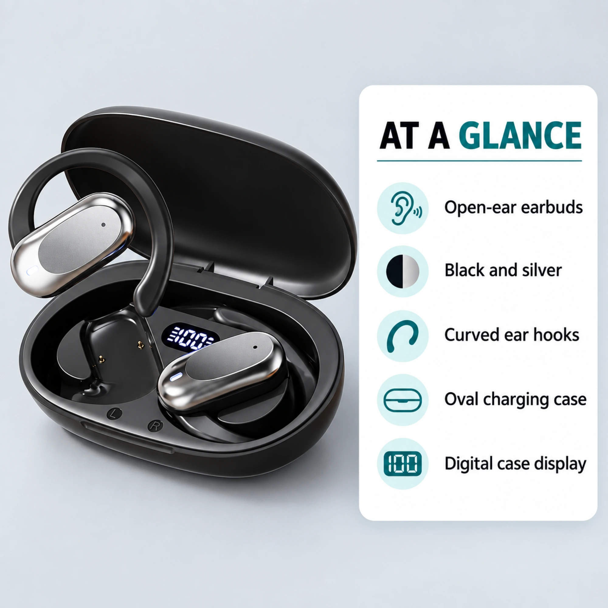 Silver Capsule Open-Ear Earbuds — at a glance