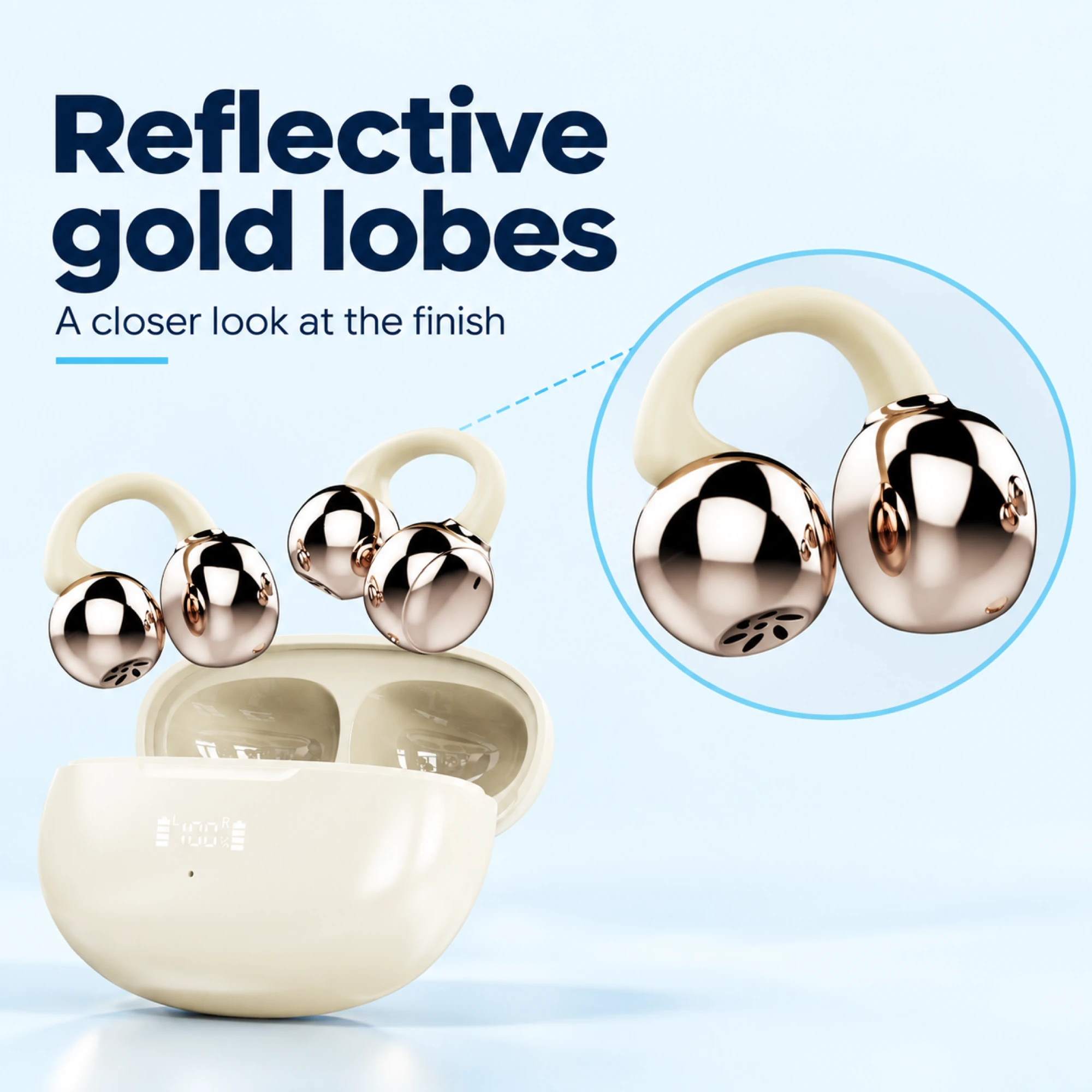 Cream Gold-Lobe Clip-On Earbuds — surface detail