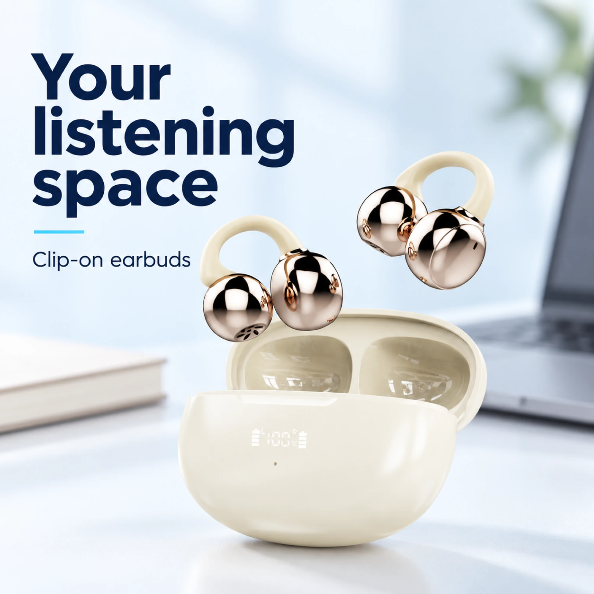 Cream Gold-Lobe Clip-On Earbuds — lifestyle
