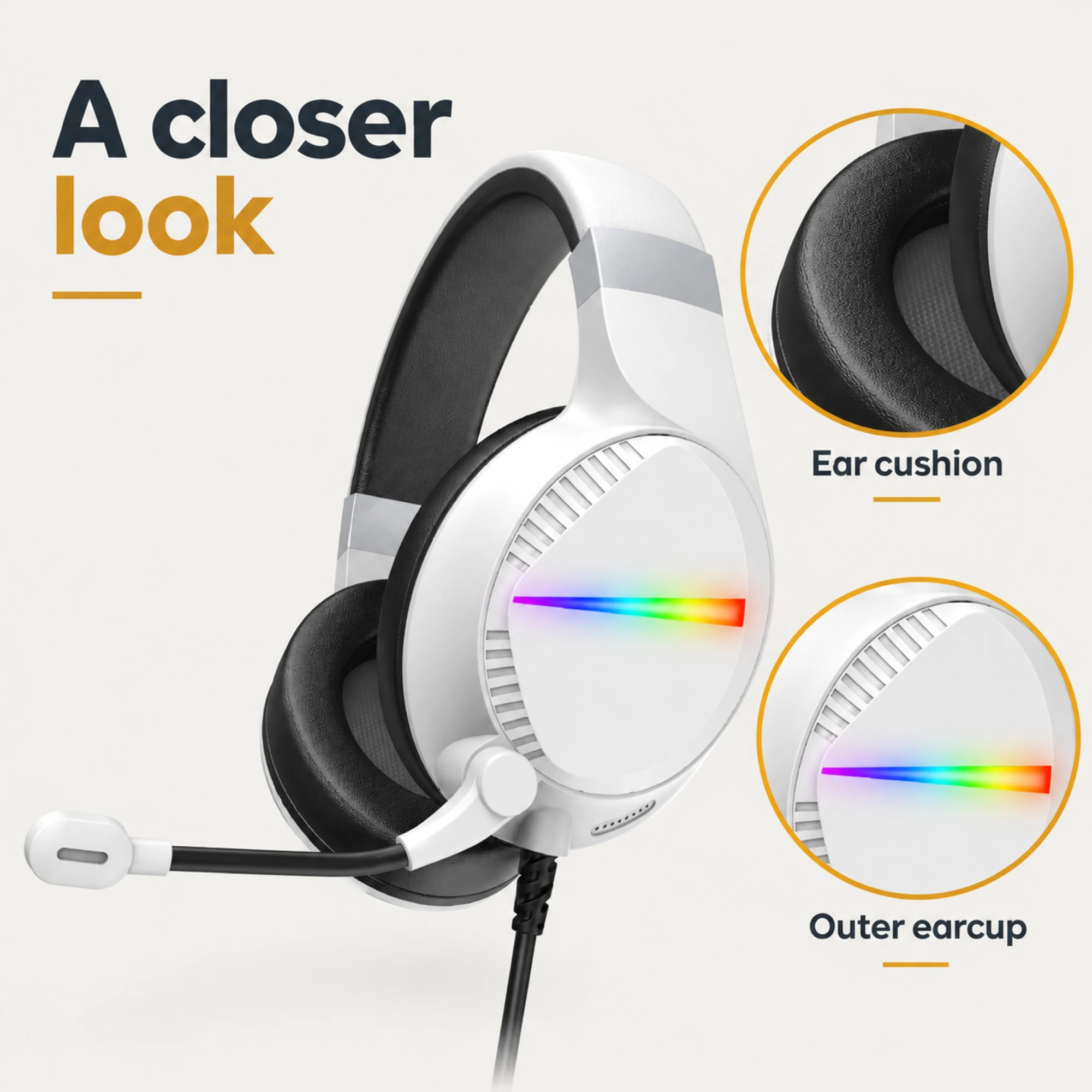 White Light-Strip Wired Gaming Headset — surface detail