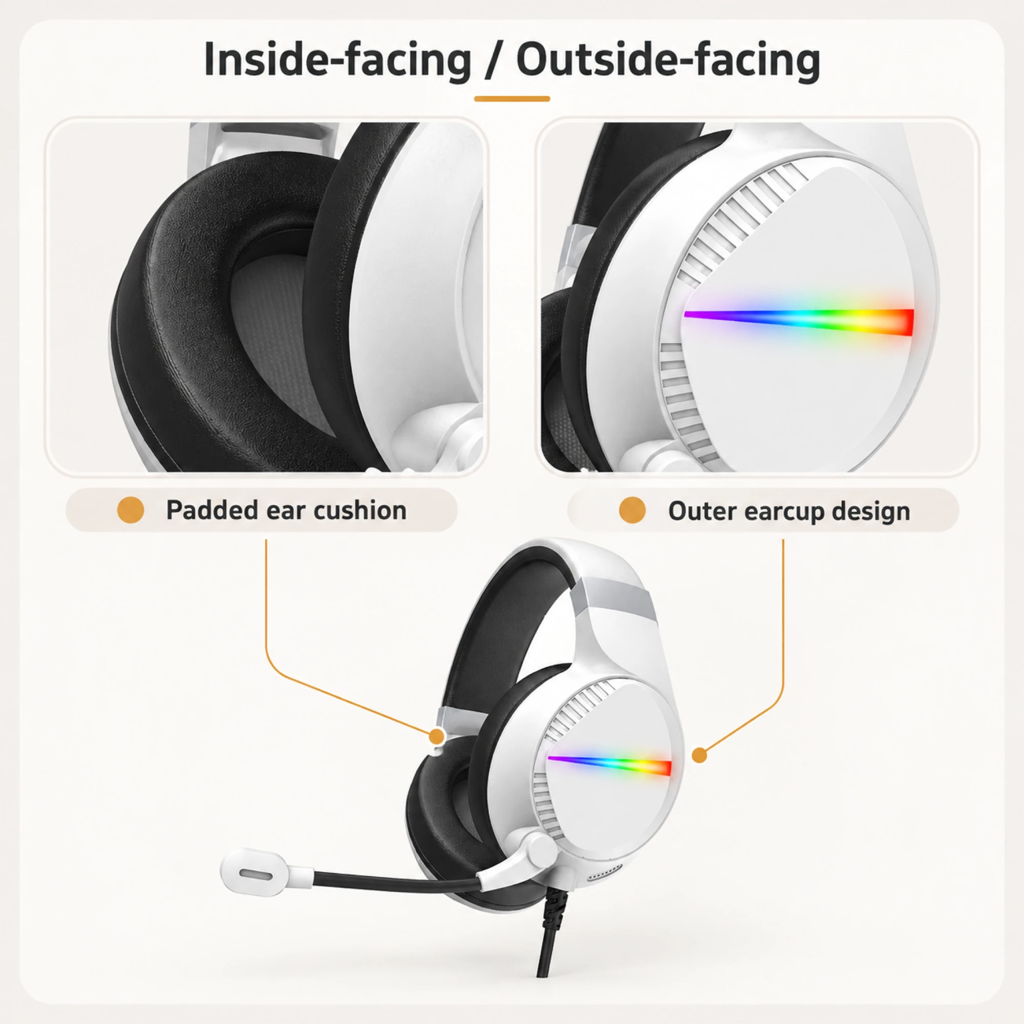 White Light-Strip Wired Gaming Headset — design details