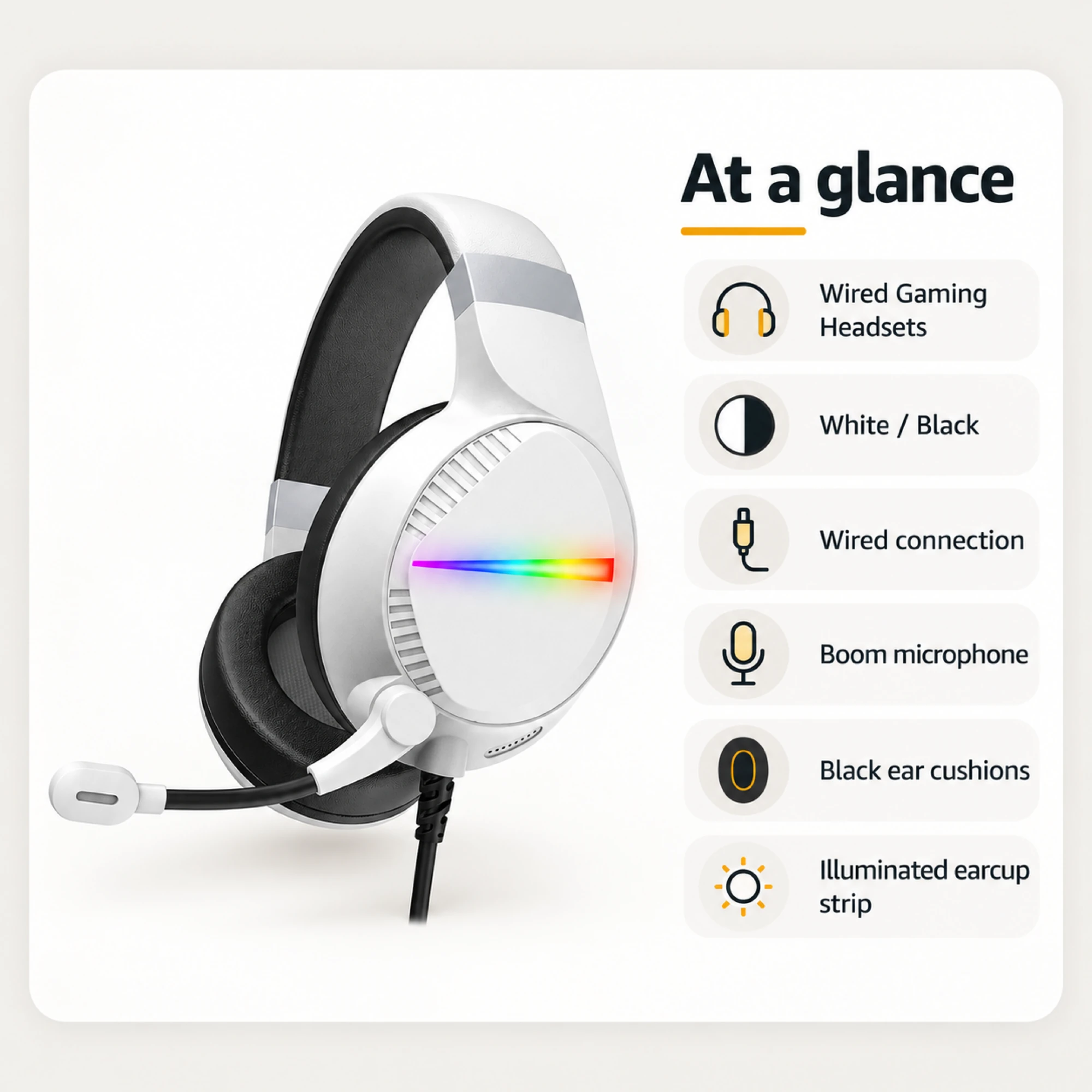 White Light-Strip Wired Gaming Headset — at a glance