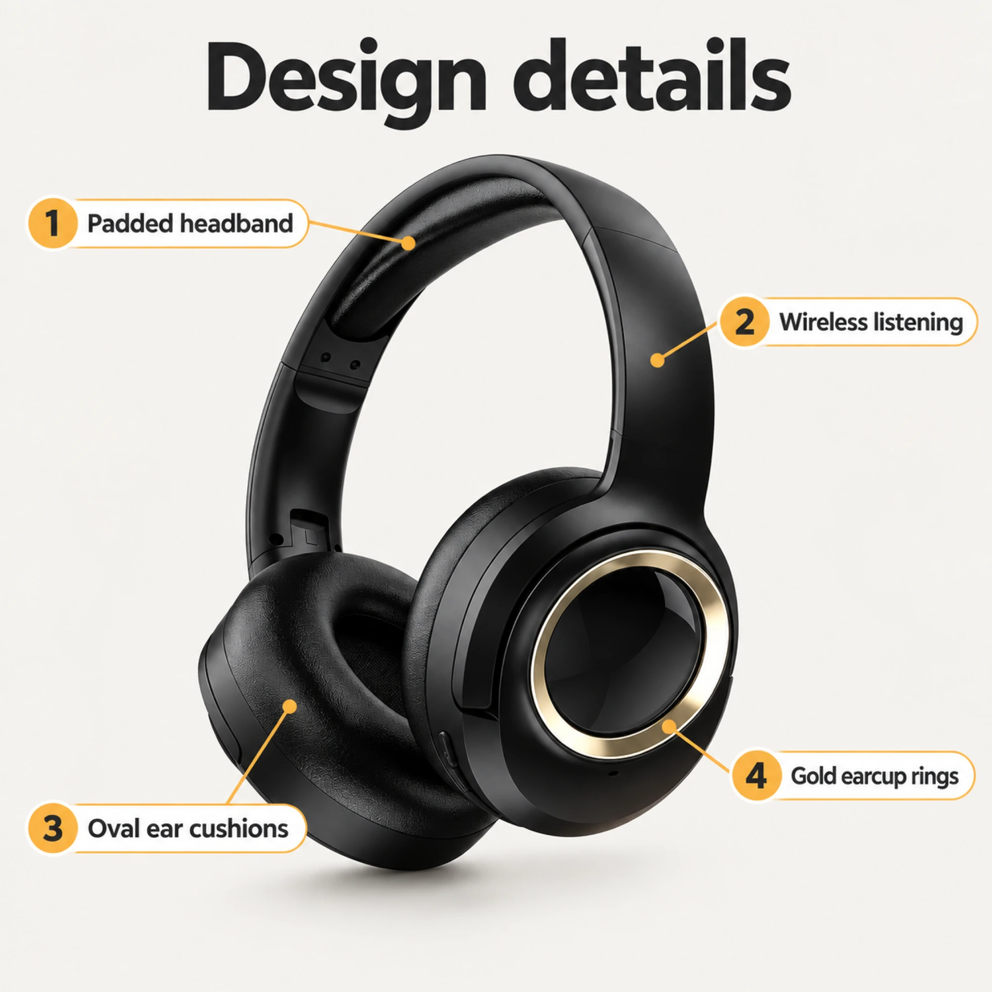 MX-21 Black and Gold Wireless Headphones — alternate view