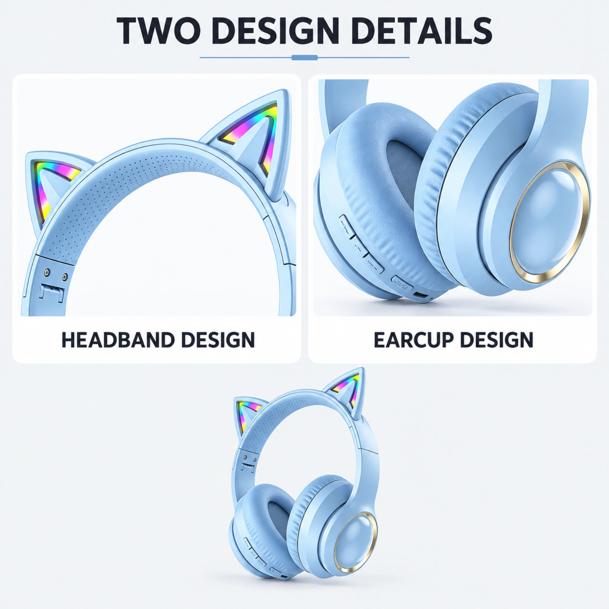 MX-11 Blue Cat Ear Wireless Headphones — design details
