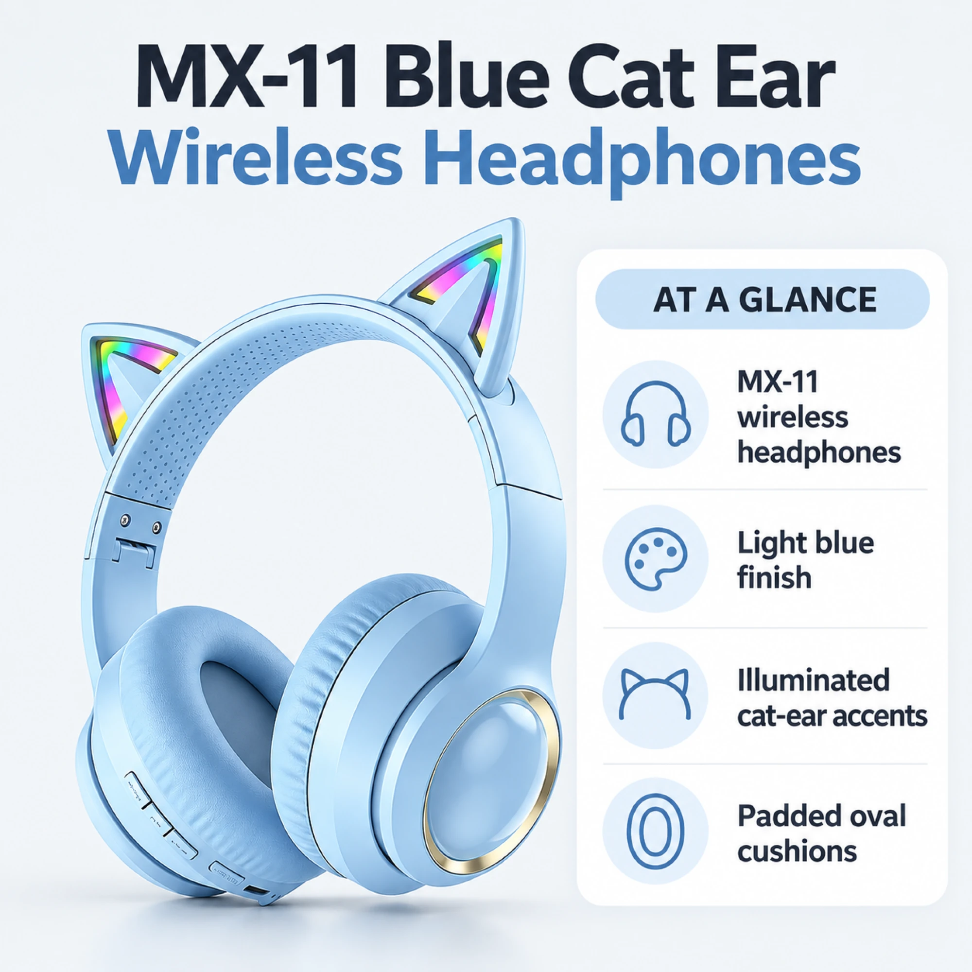 MX-11 Blue Cat Ear Wireless Headphones — at a glance