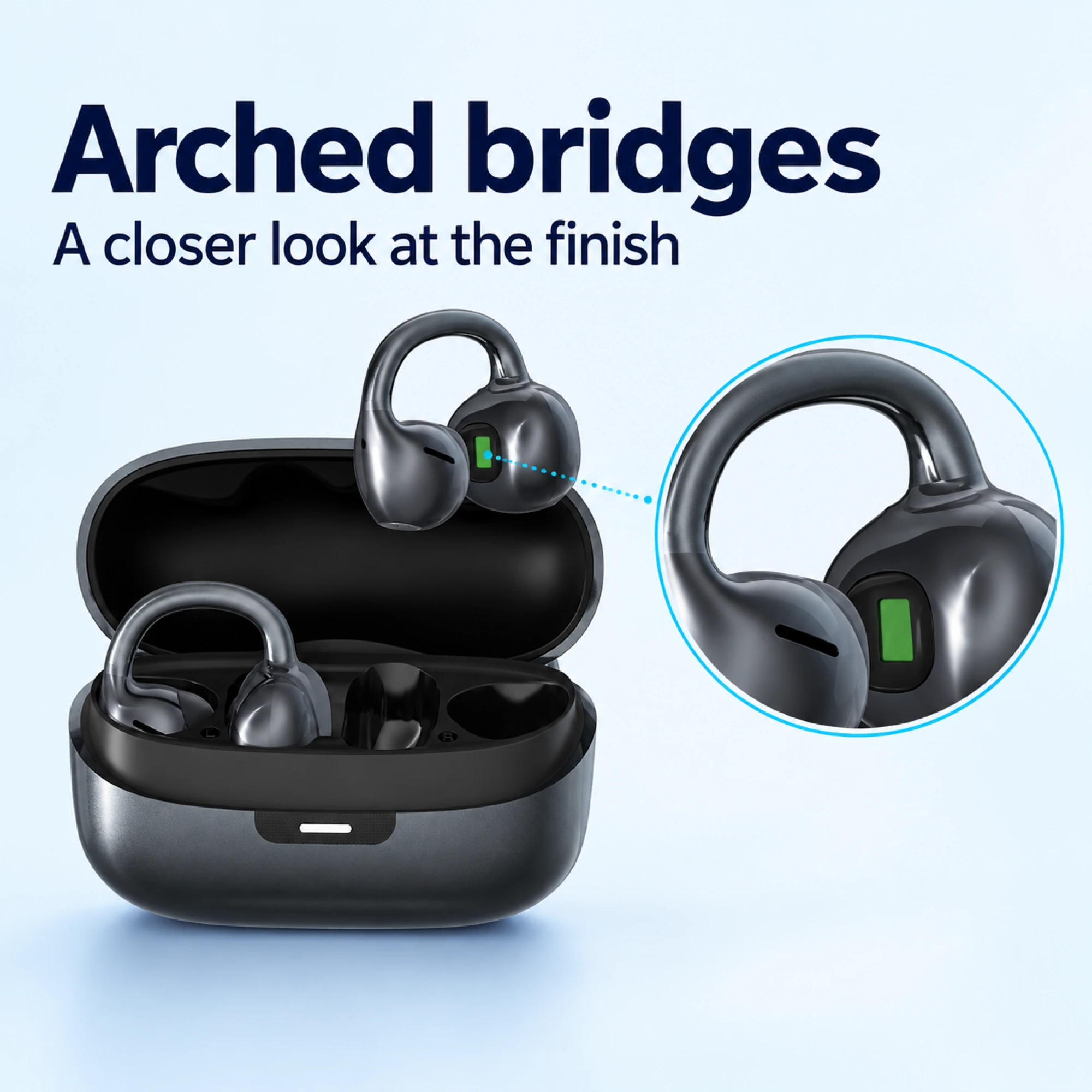 Black Arched-Bridge Clip-On Earbuds — surface detail