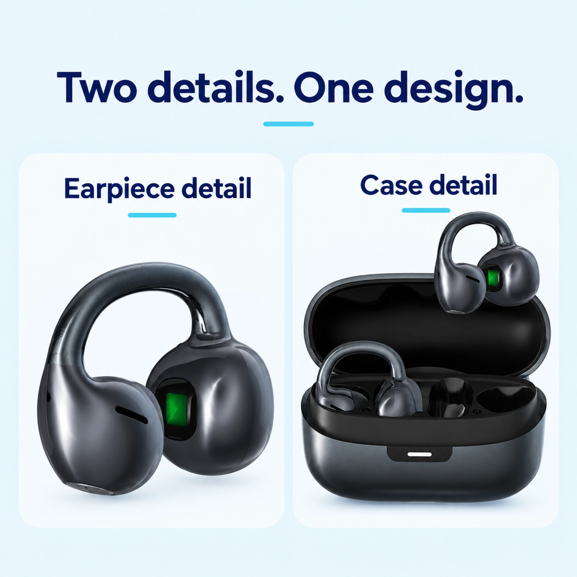 Black Arched-Bridge Clip-On Earbuds — design details