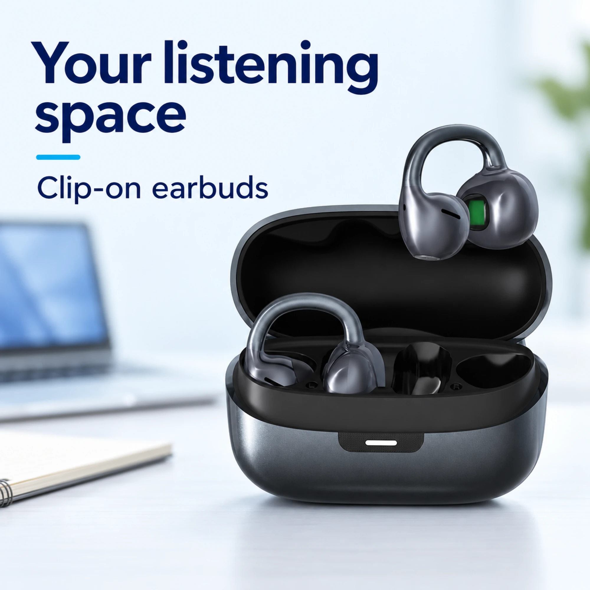Black Arched-Bridge Clip-On Earbuds — lifestyle