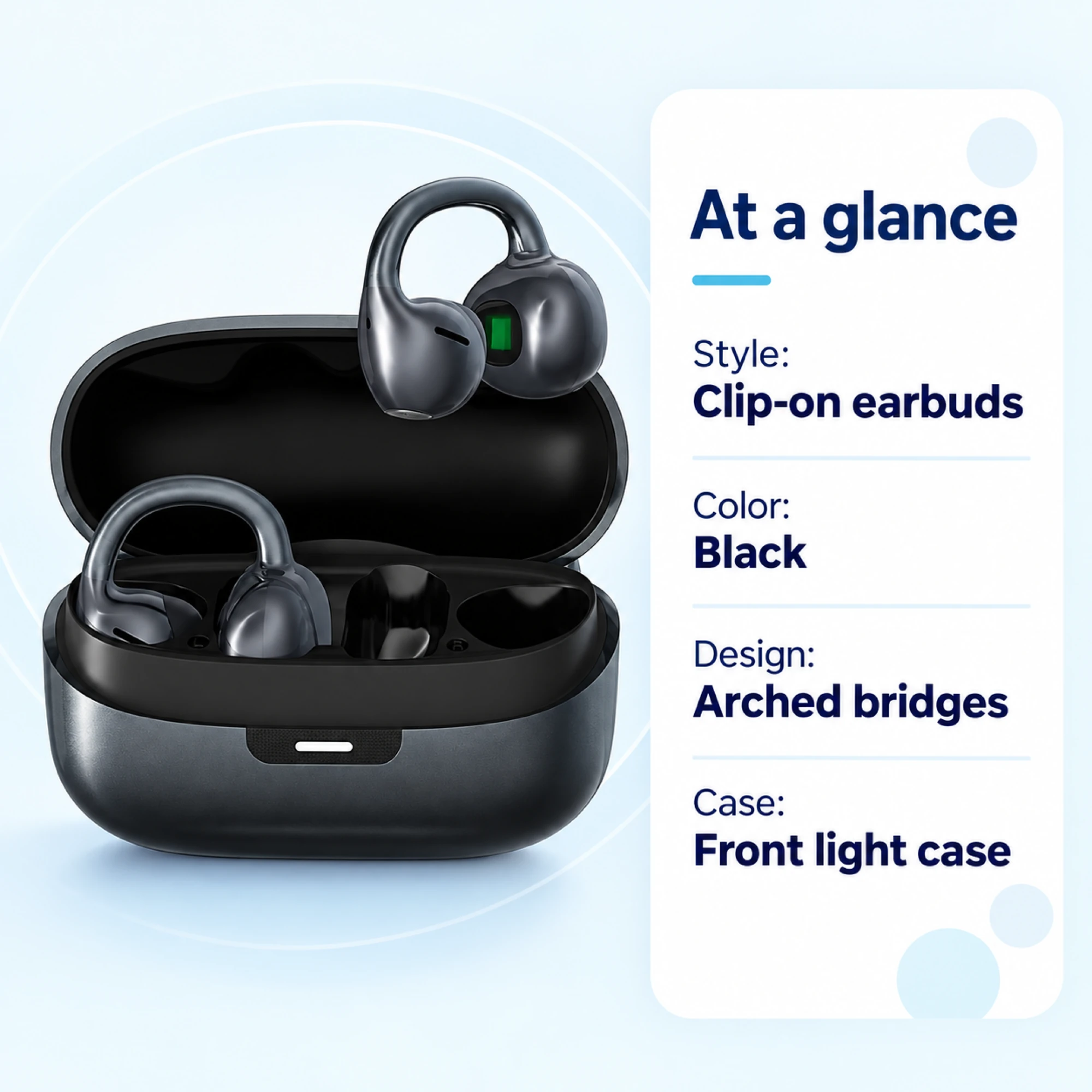 Black Arched-Bridge Clip-On Earbuds — at a glance