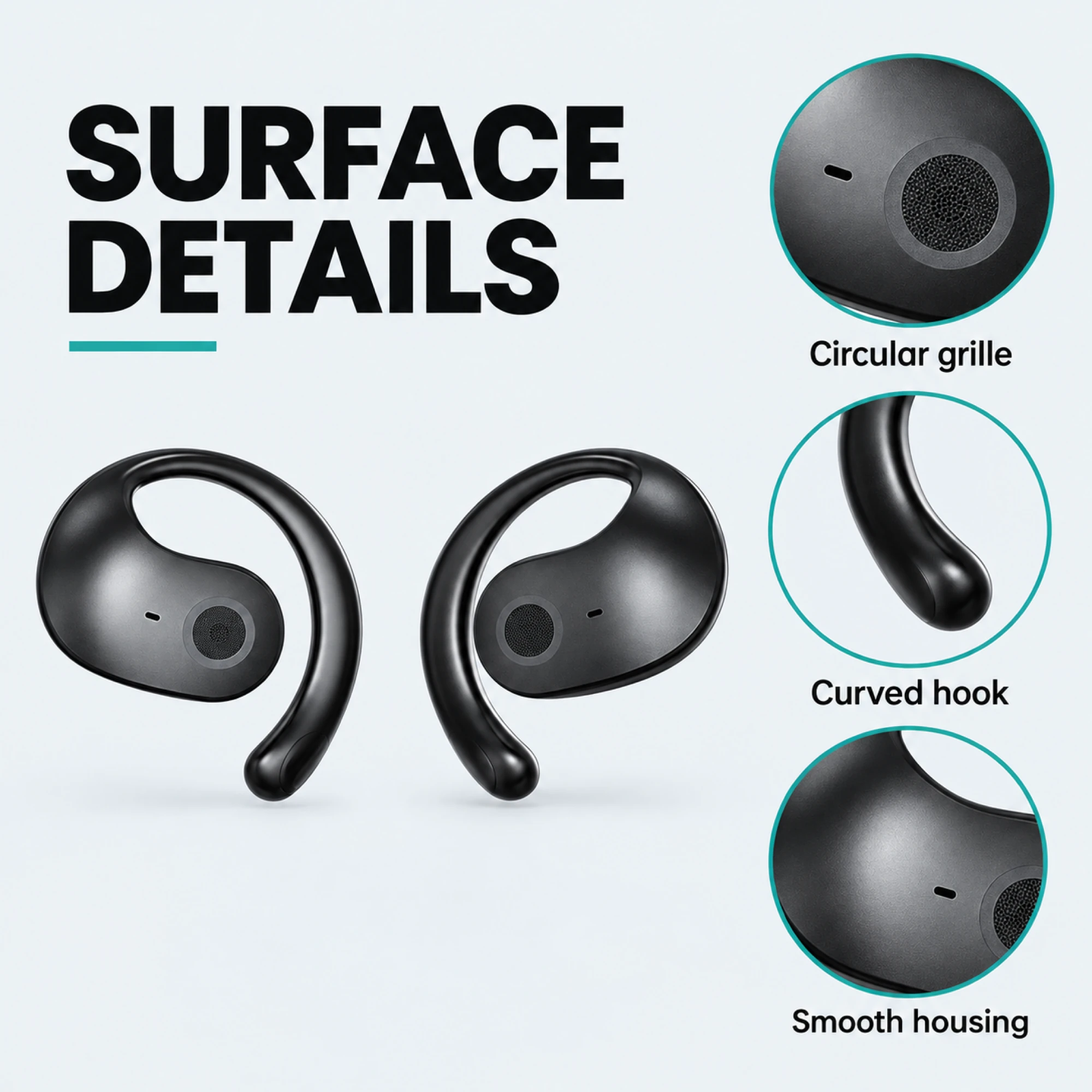 Black Comma Open-Ear Earbuds — surface detail