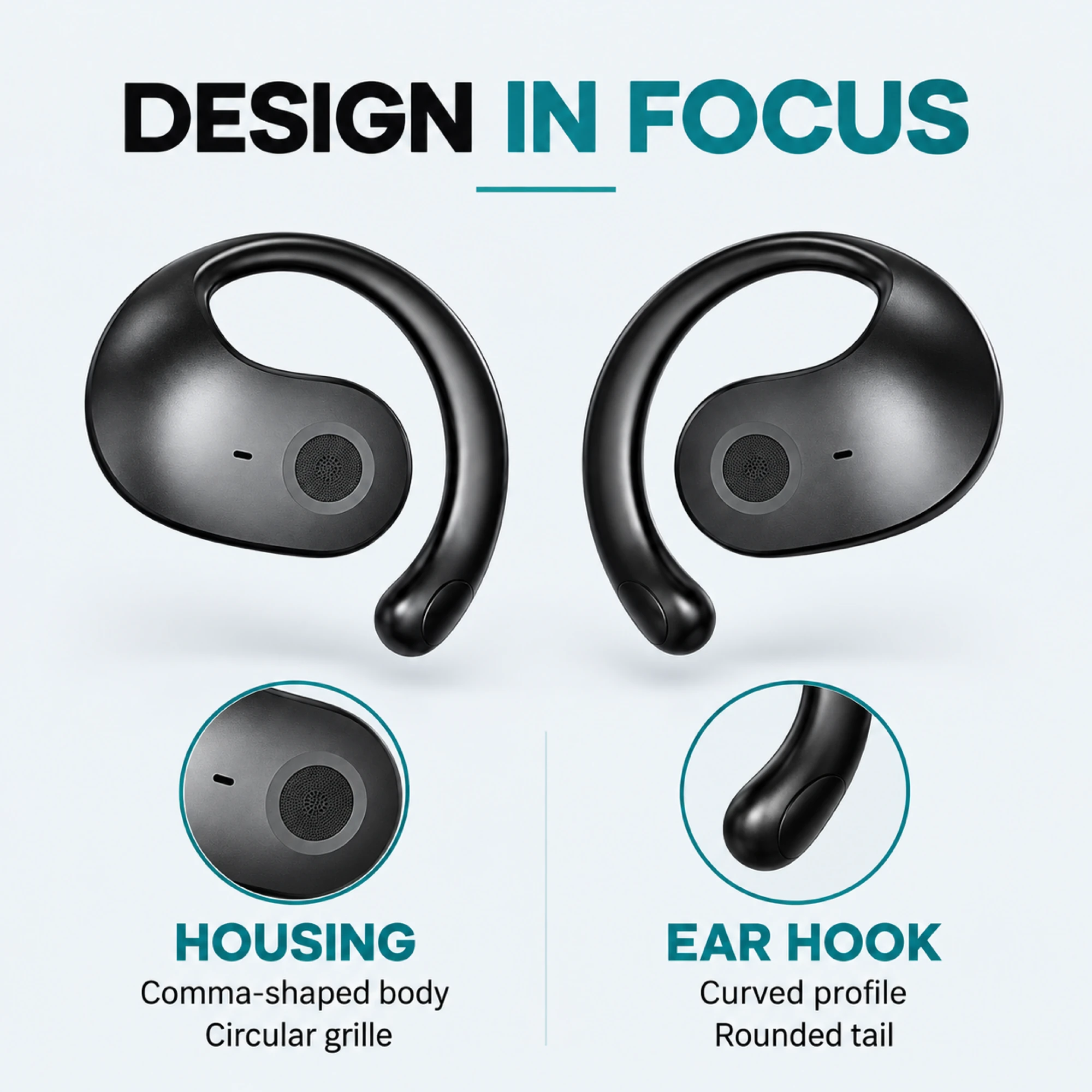Black Comma Open-Ear Earbuds — design details