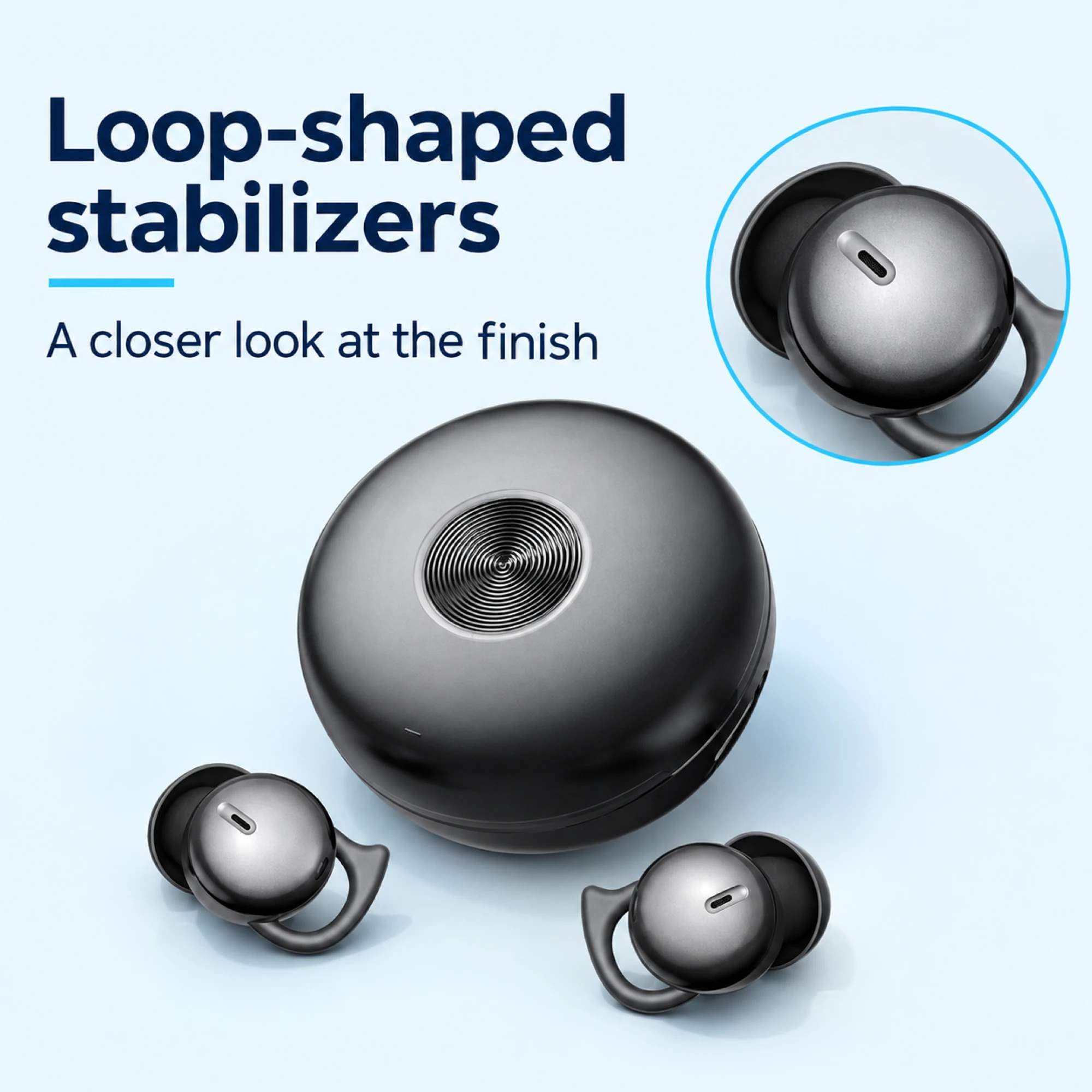 Black Loop-Stabilizer Wireless Earbuds — surface detail
