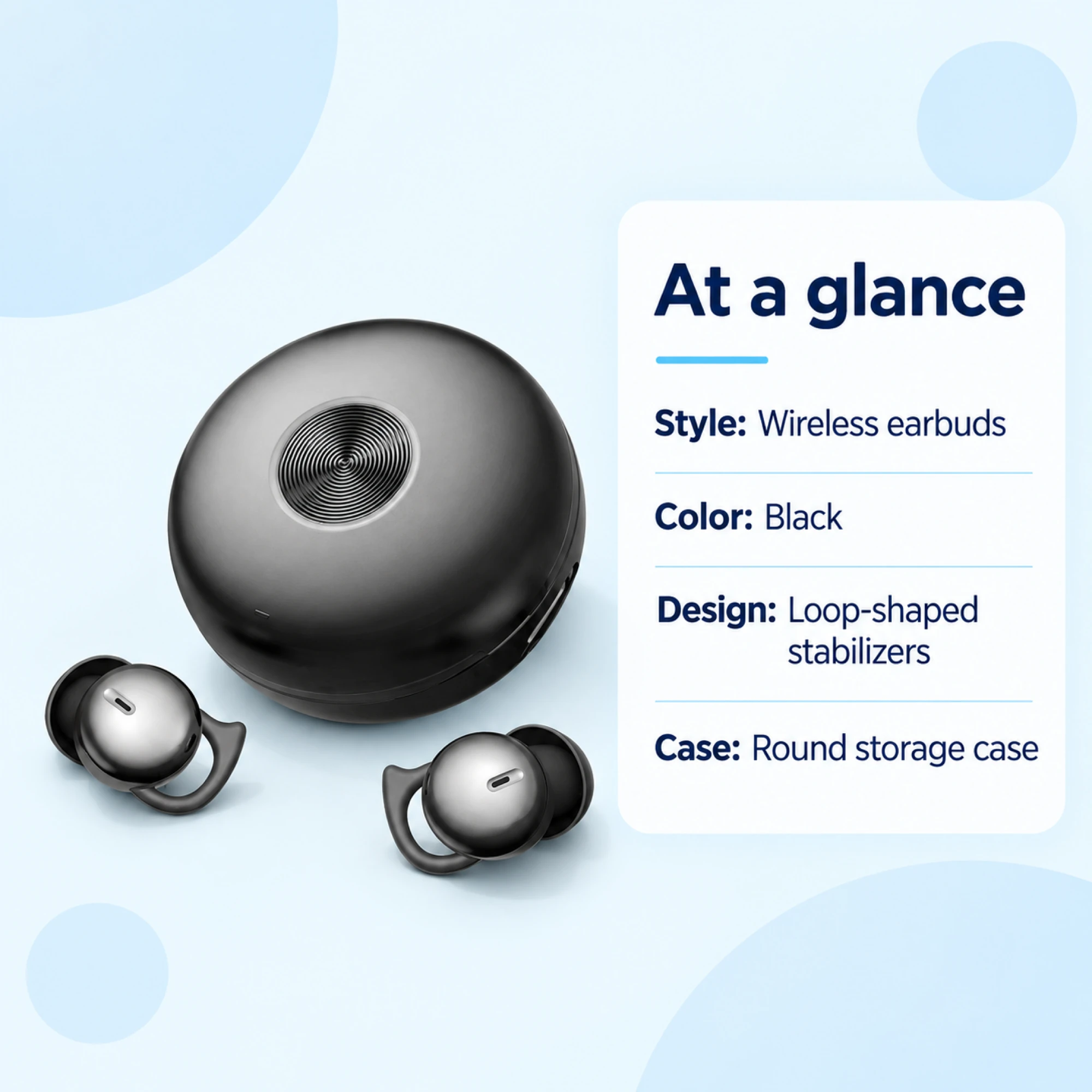 Black Loop-Stabilizer Wireless Earbuds — at a glance