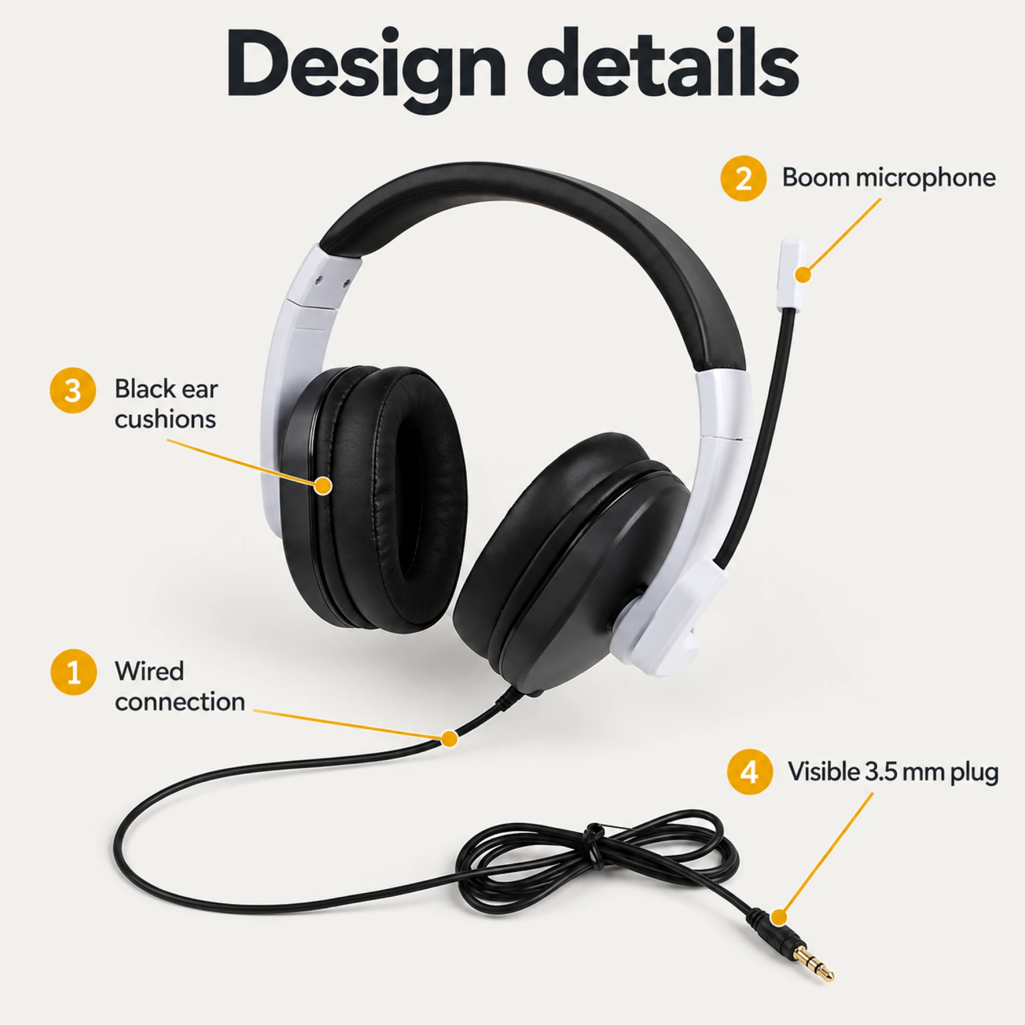 White Wired Gaming Headset with Black Cushions — alternate view