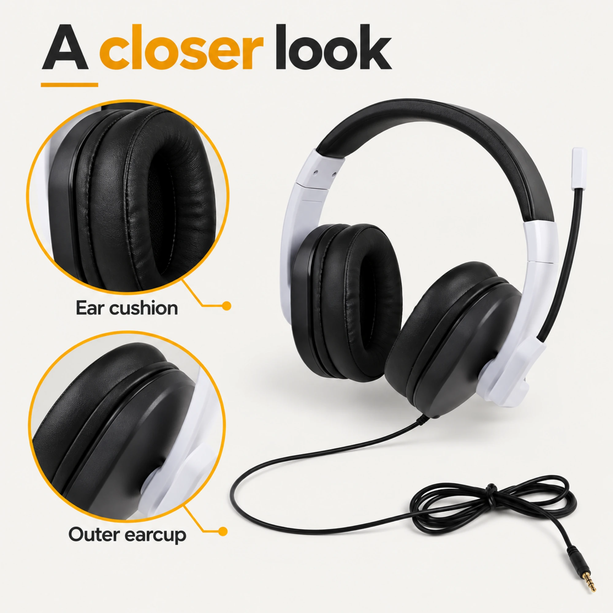 White Wired Gaming Headset with Black Cushions — surface detail