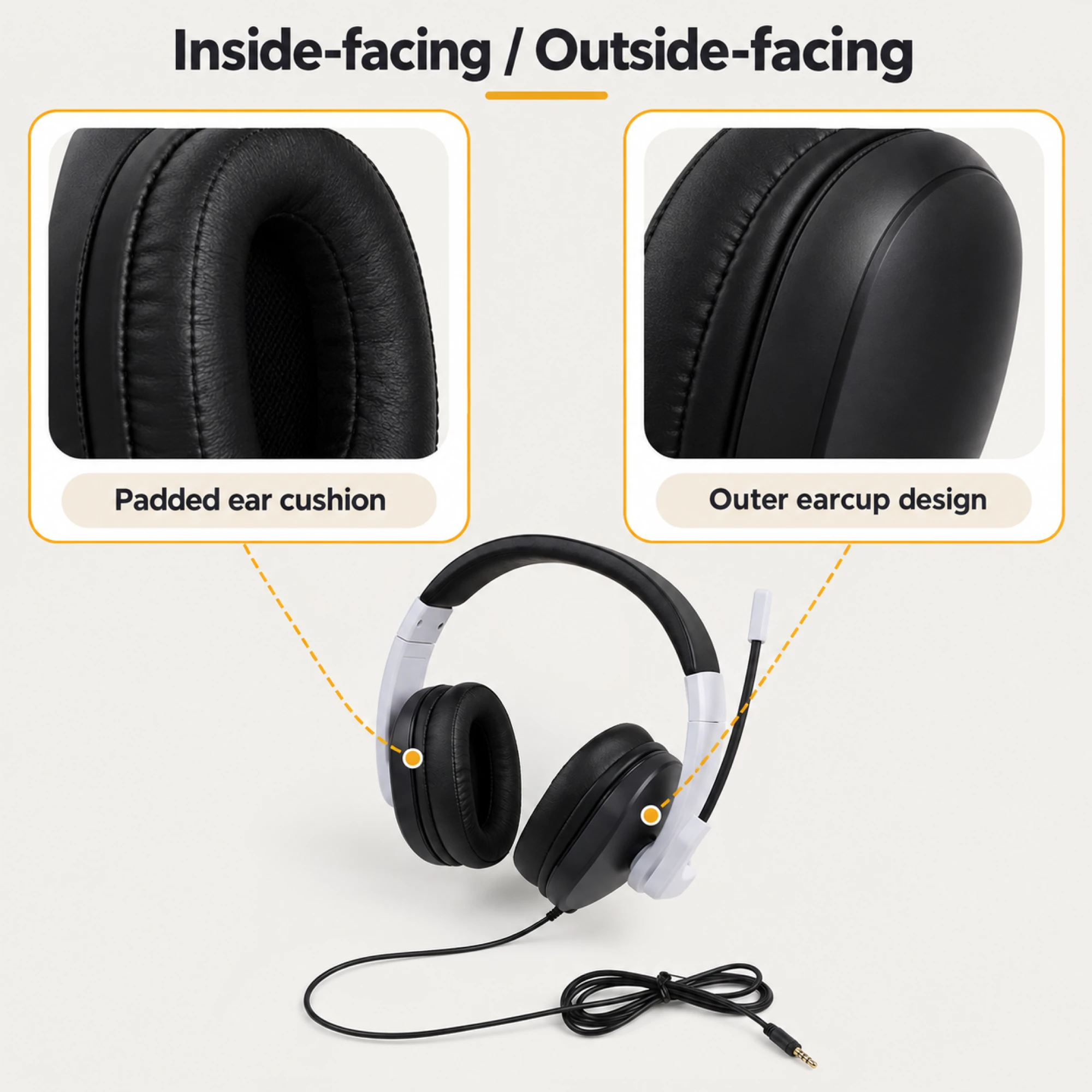 White Wired Gaming Headset with Black Cushions — design details