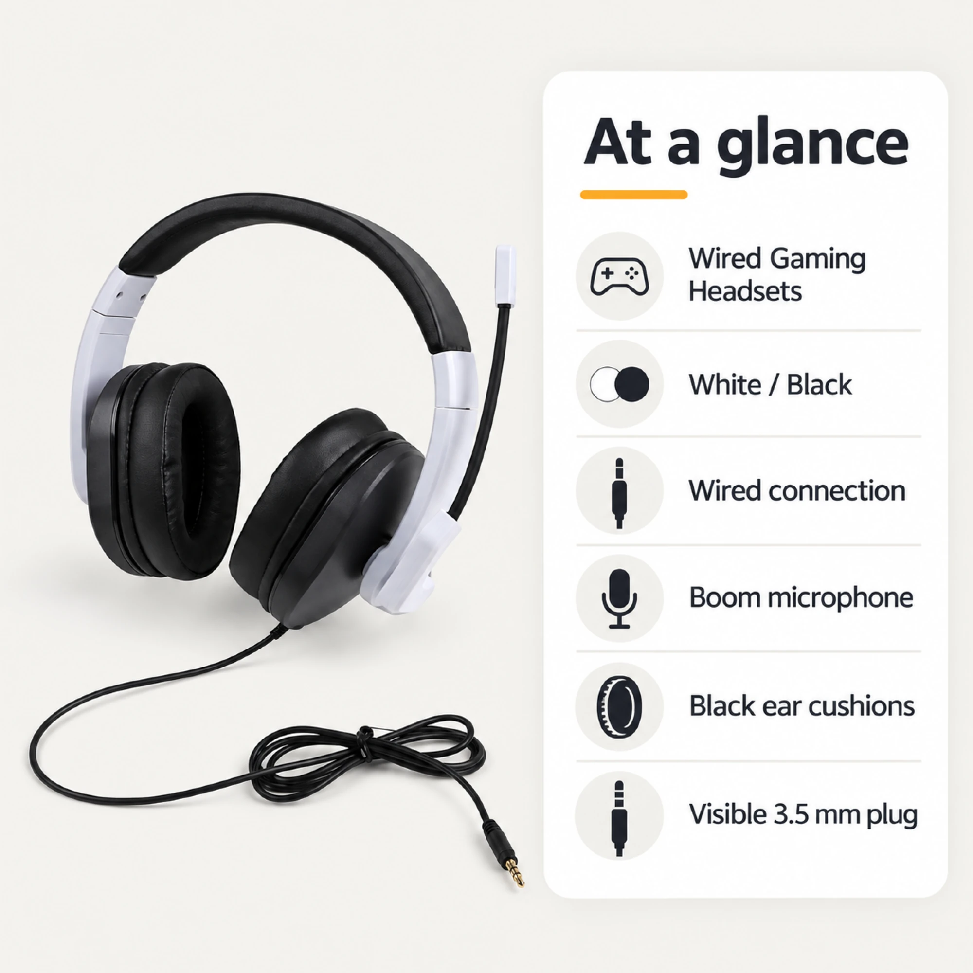 White Wired Gaming Headset with Black Cushions — at a glance