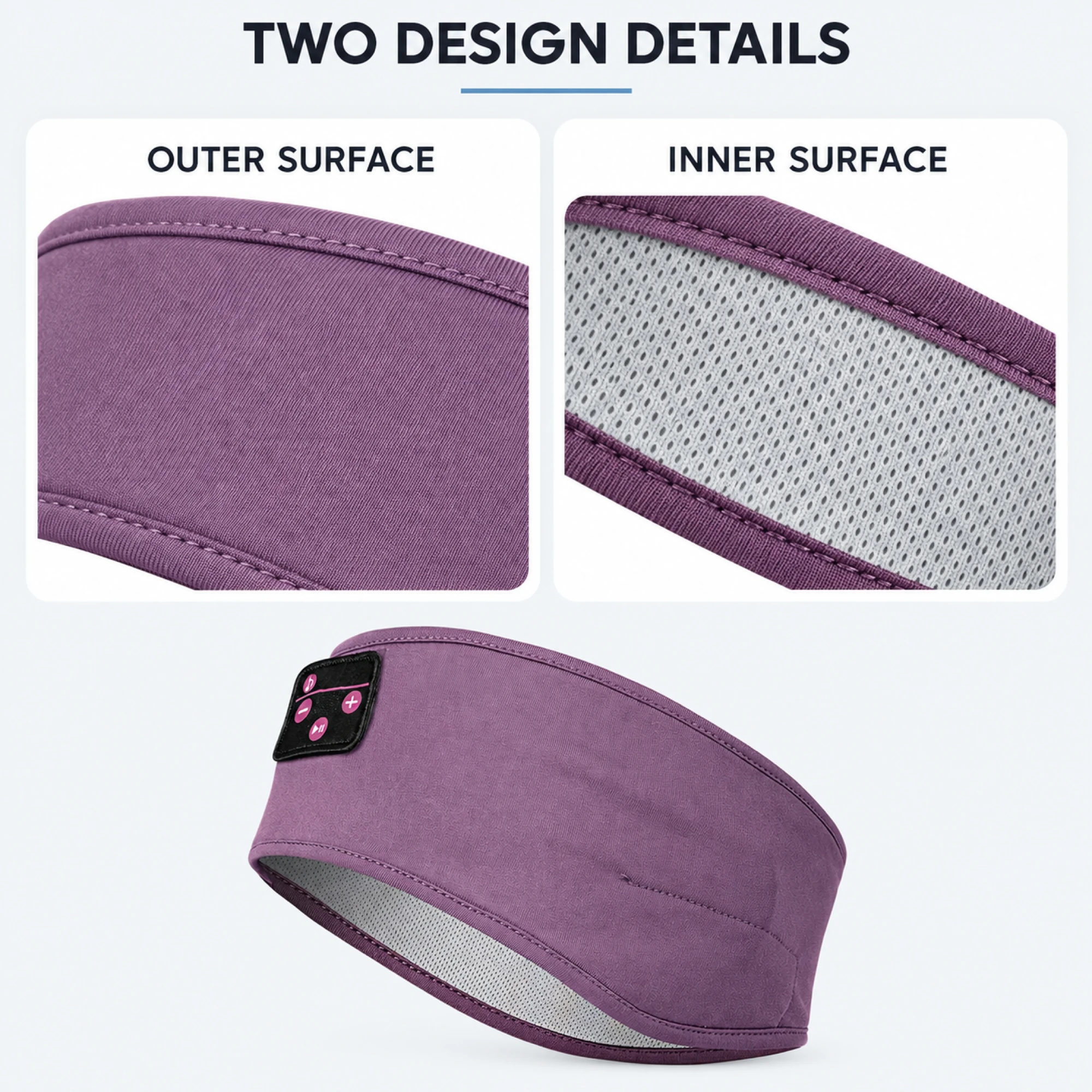 Purple Sleep Headband Headphones with Triangle Controls — design details