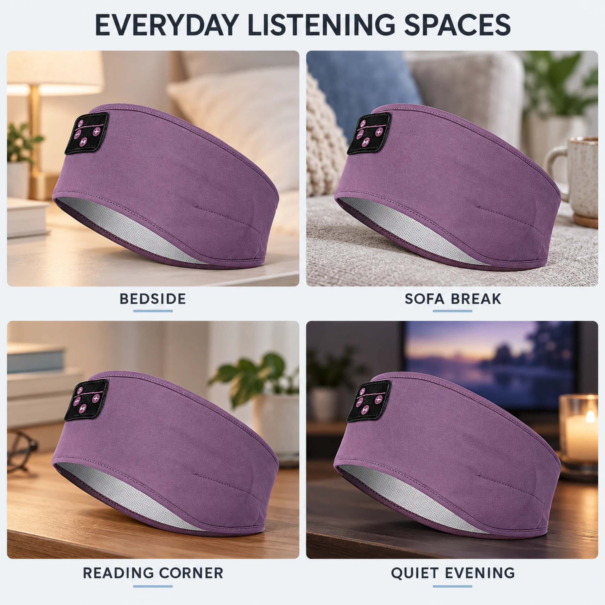 Purple Sleep Headband Headphones with Triangle Controls — lifestyle