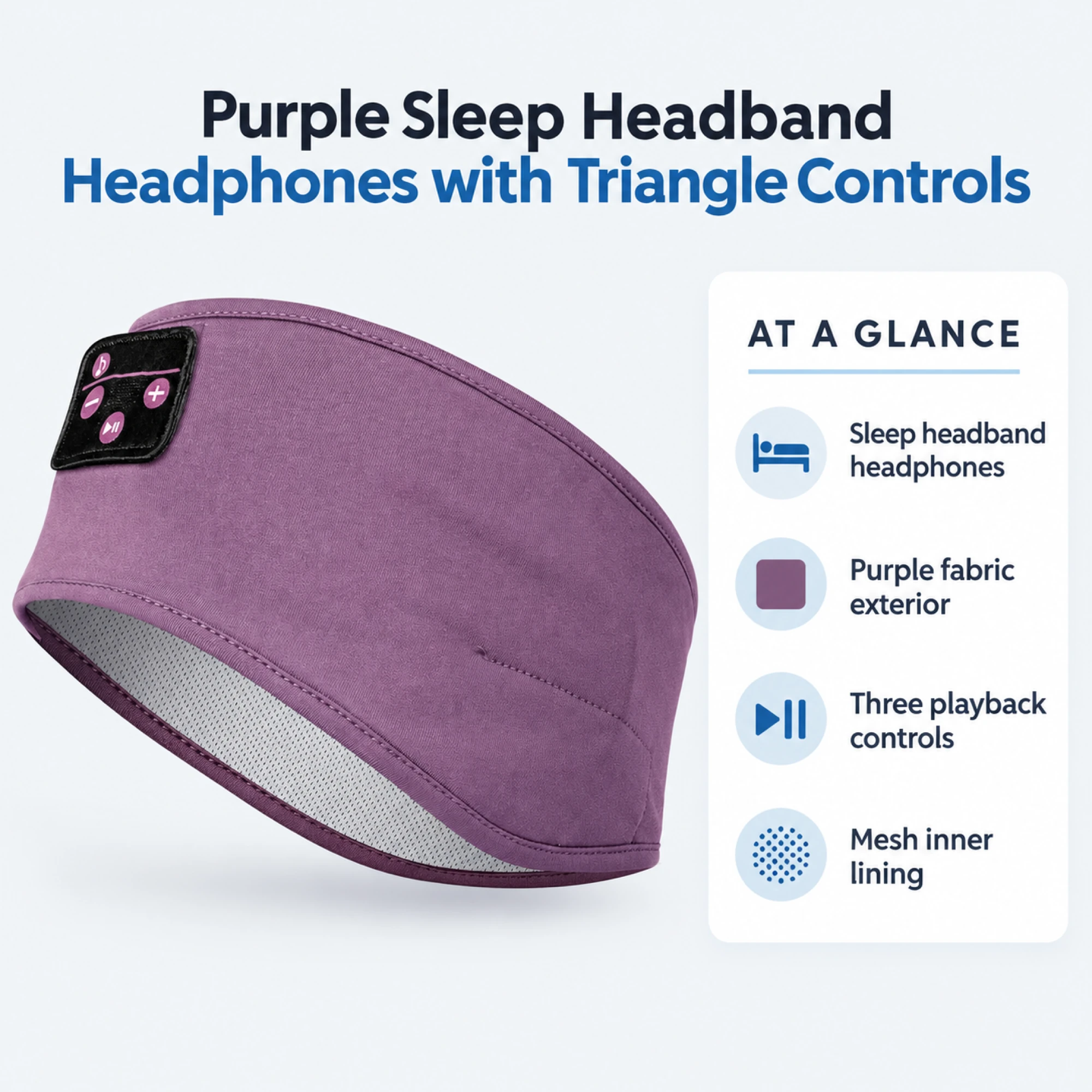 Purple Sleep Headband Headphones with Triangle Controls — at a glance