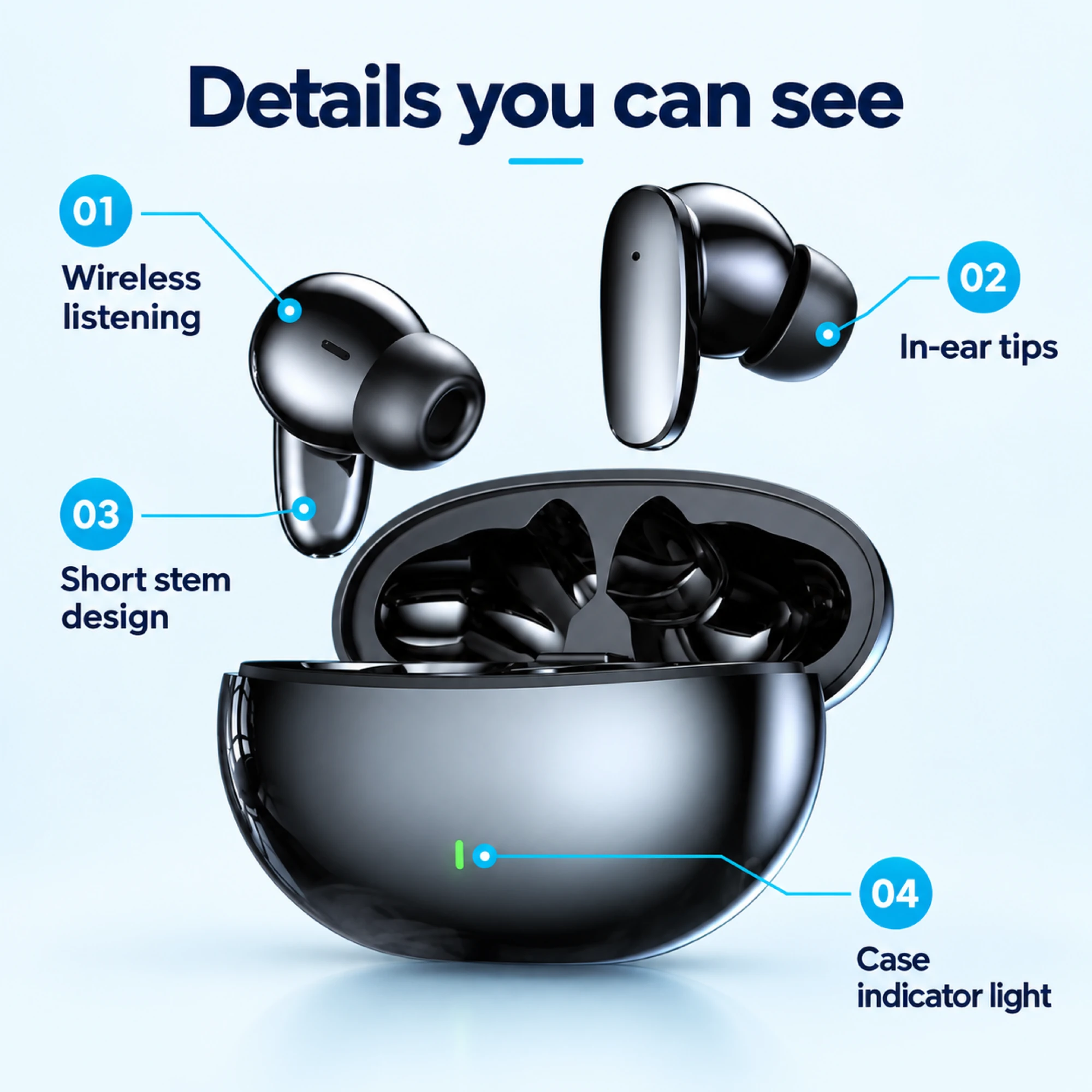 Black Short-Stem Wireless Earbuds — features
