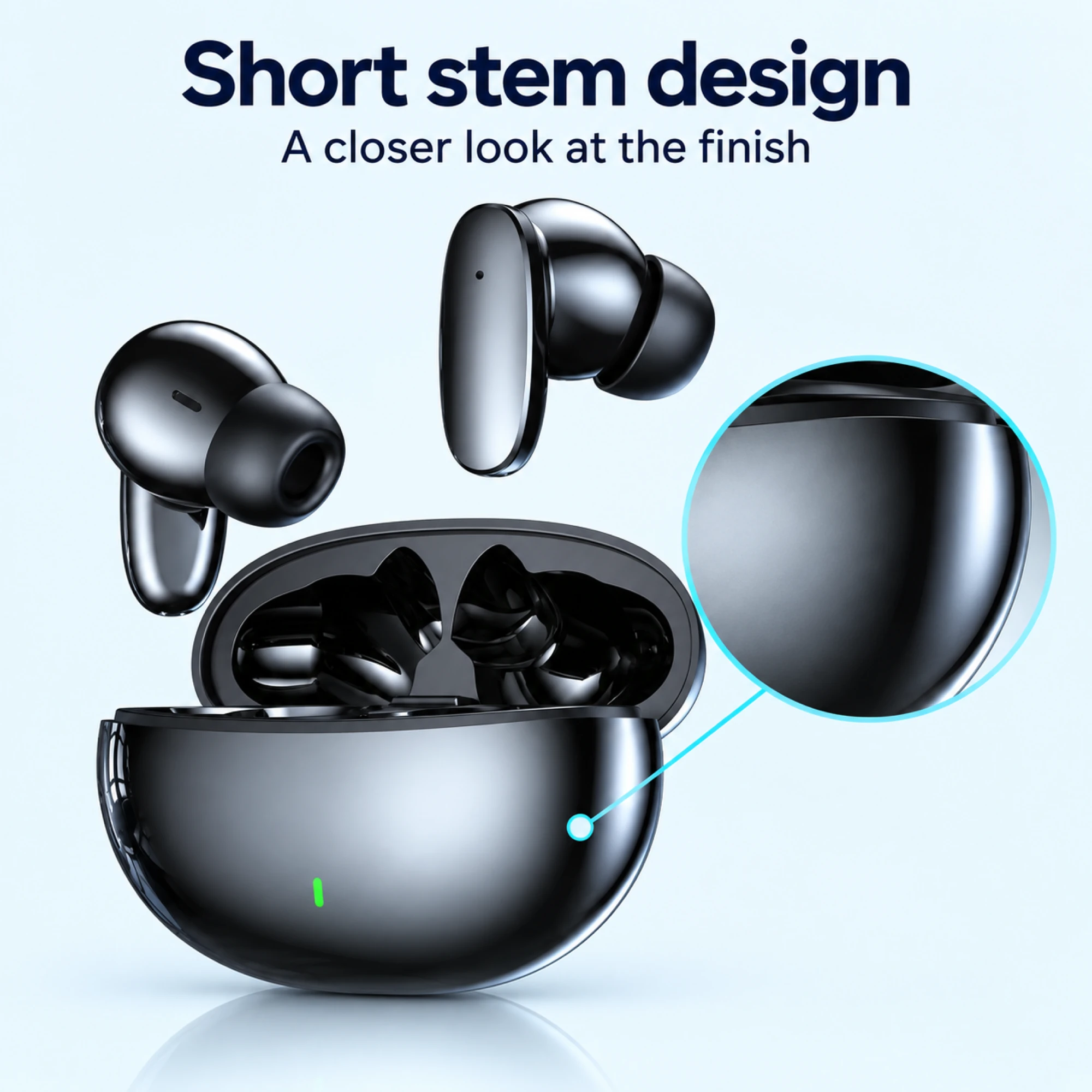 Black Short-Stem Wireless Earbuds — surface detail