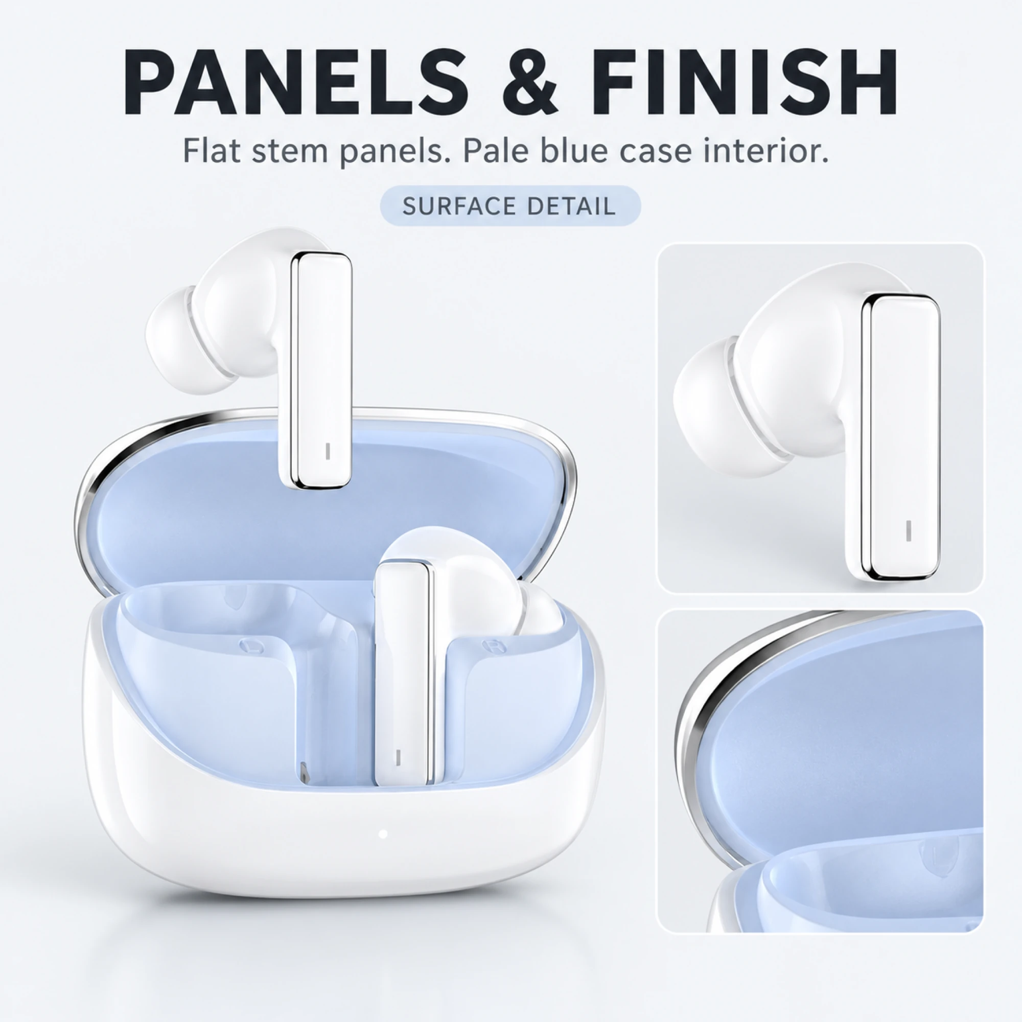 IN-01 White ANC Earbuds with Pale Blue Case Interior — surface detail
