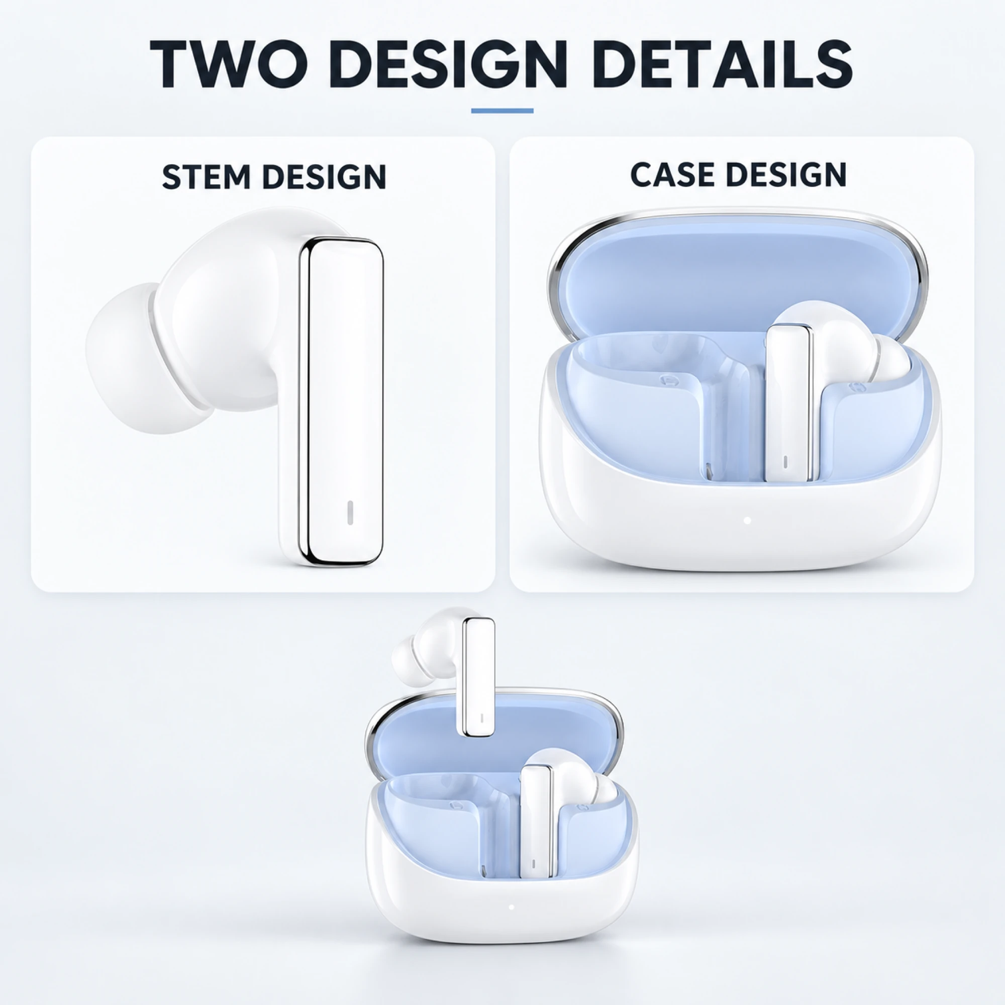 IN-01 White ANC Earbuds with Pale Blue Case Interior — design details