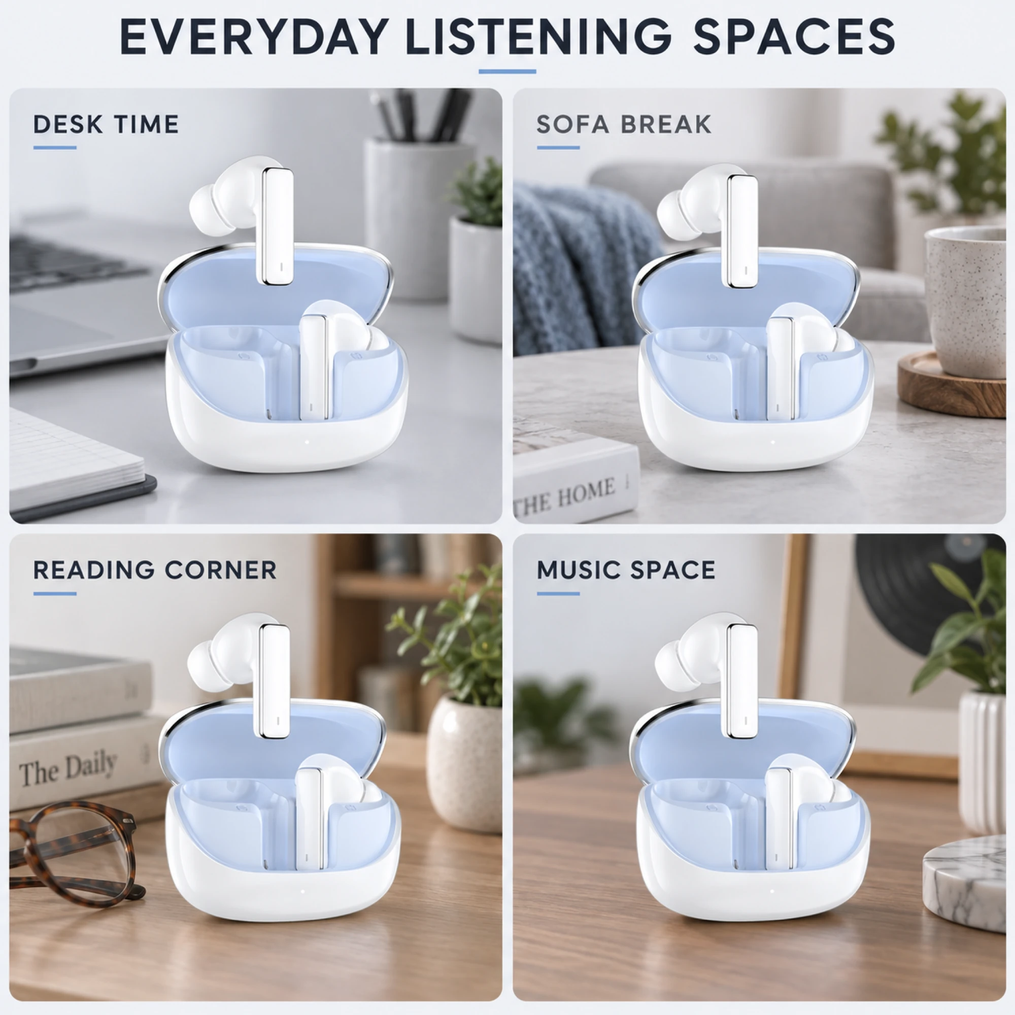 IN-01 White ANC Earbuds with Pale Blue Case Interior — lifestyle