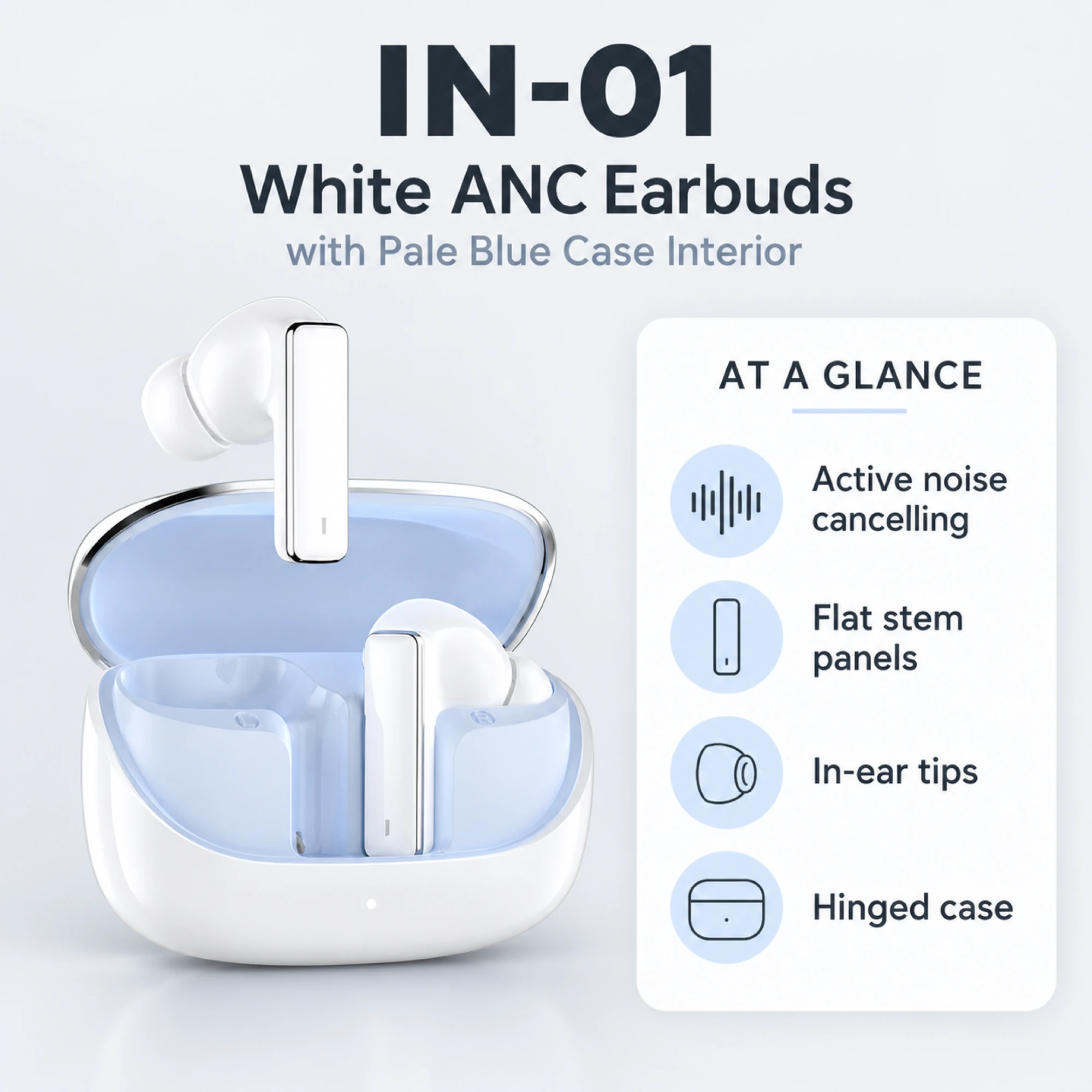 IN-01 White ANC Earbuds with Pale Blue Case Interior — at a glance