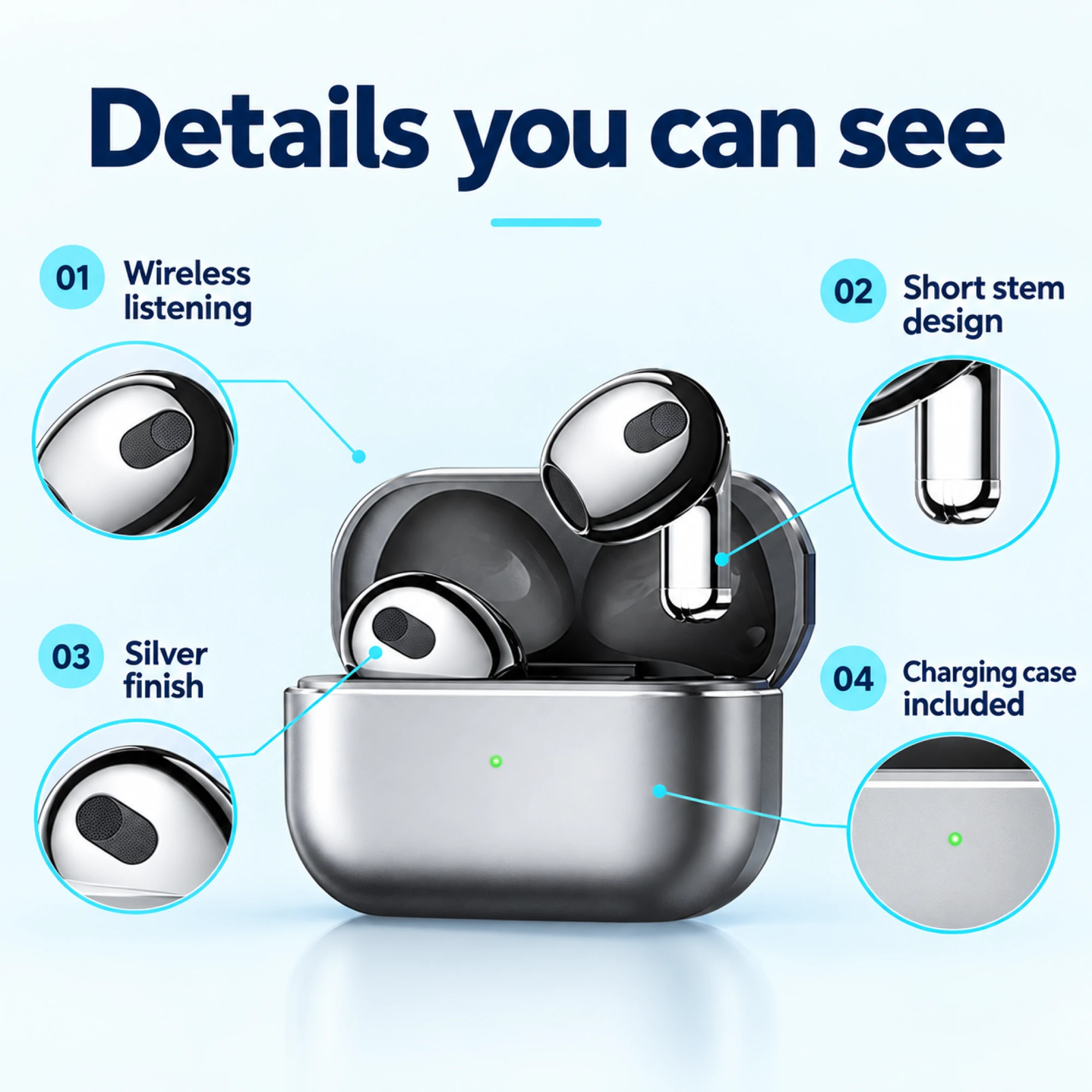 Silver Short-Stem Wireless Earbuds — alternate view