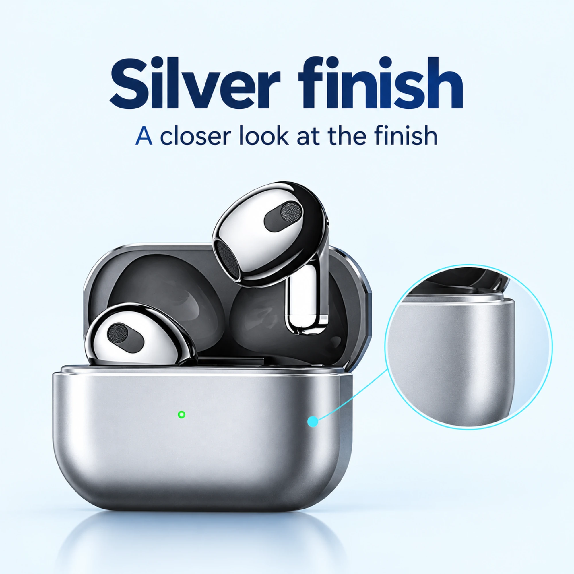 Silver Short-Stem Wireless Earbuds — surface detail